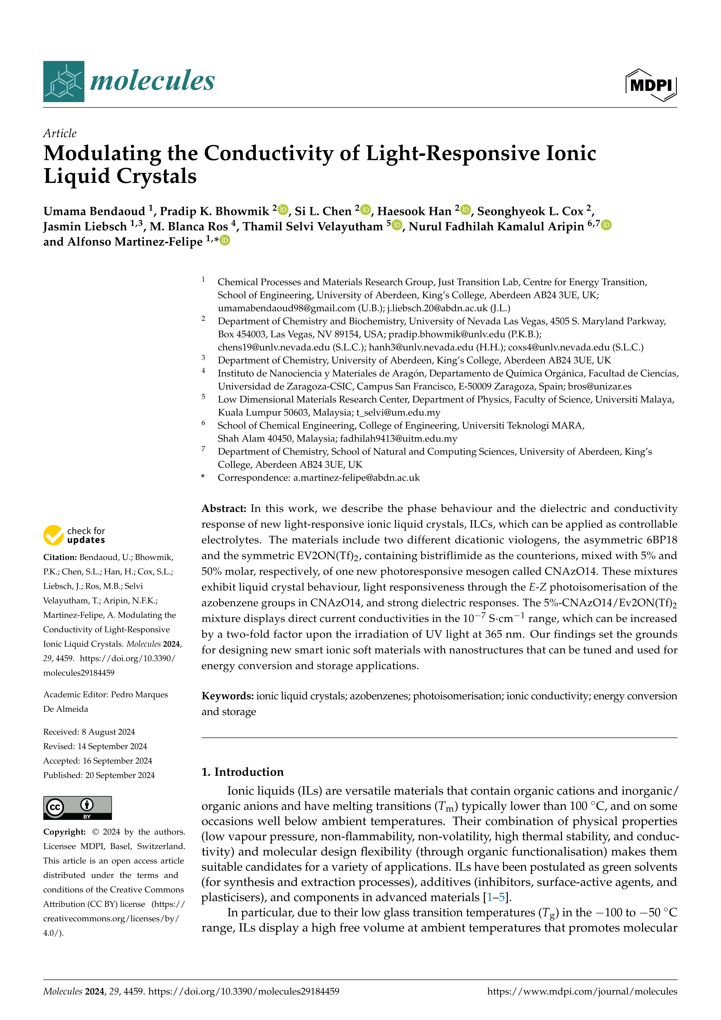 Modulating the Conductivity of Light-Responsive Ionic Liquid Crystals