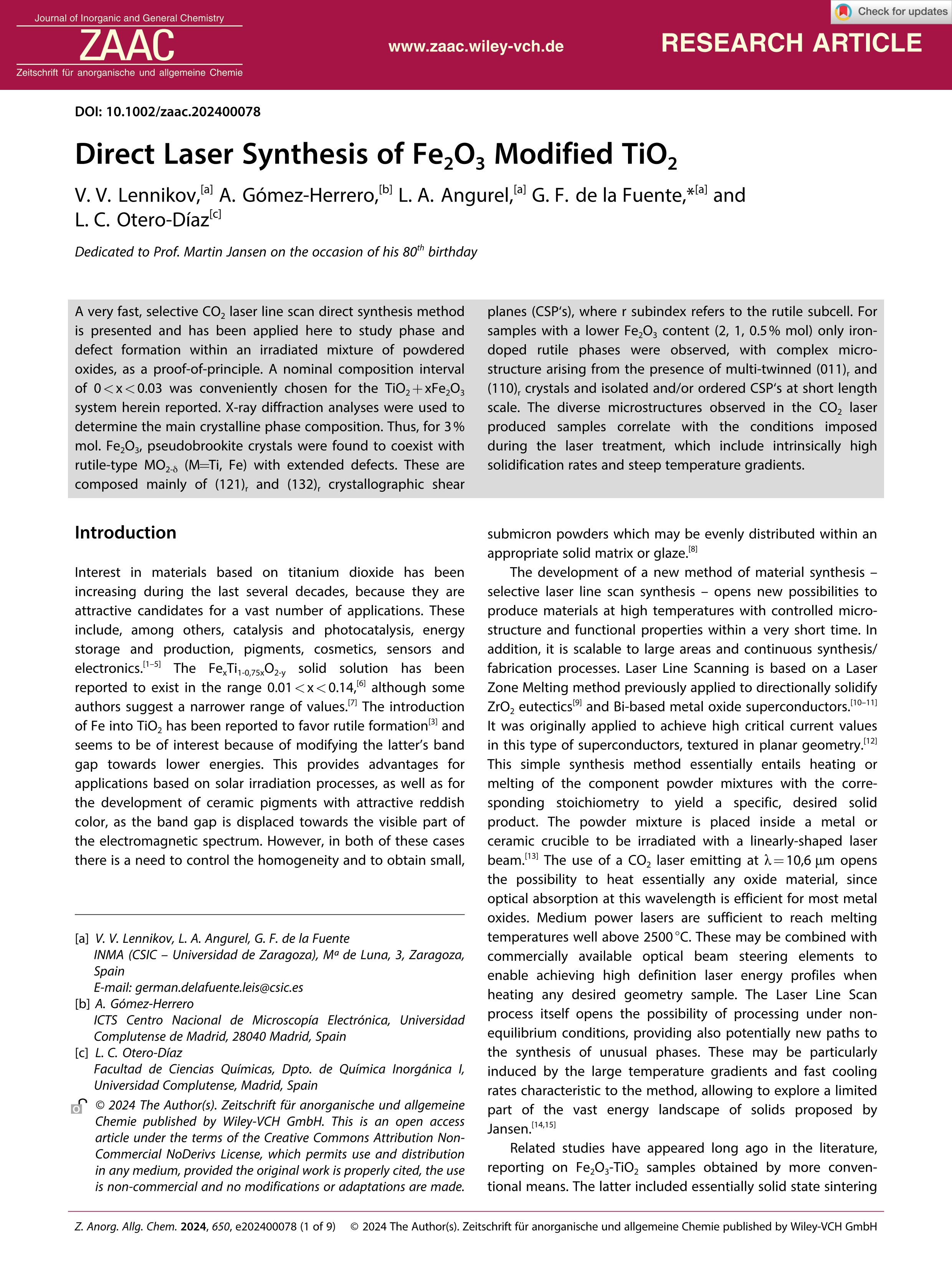 Direct Laser Synthesis of Fe<sub>2</sub>O<sub>3</sub> Modified TiO<sub>2</sub>