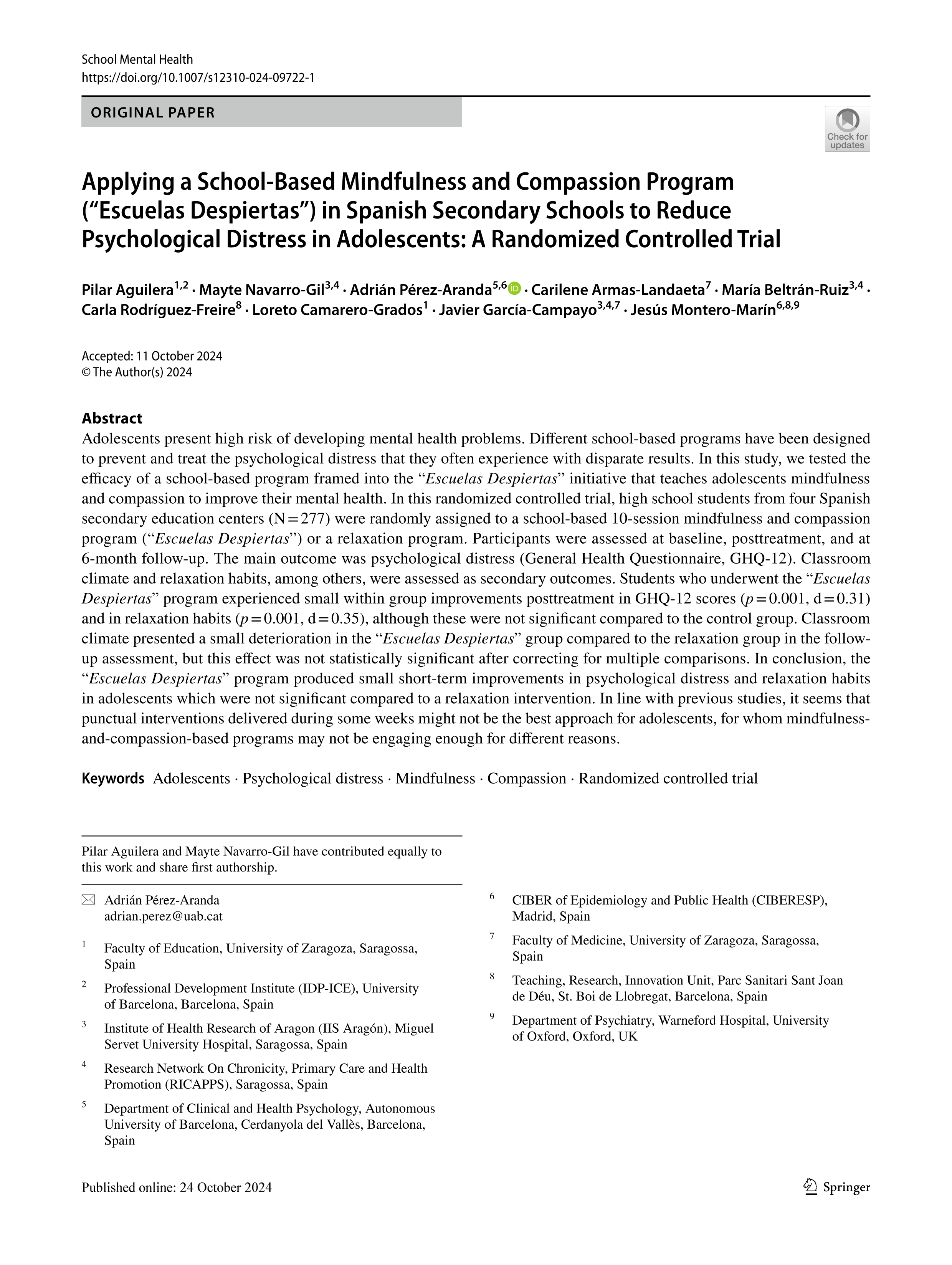 Applying a School-Based Mindfulness and Compassion Program (“Escuelas Despiertas”) in Spanish Secondary Schools to Reduce Psychological Distress in Adolescents: A Randomized Controlled Trial