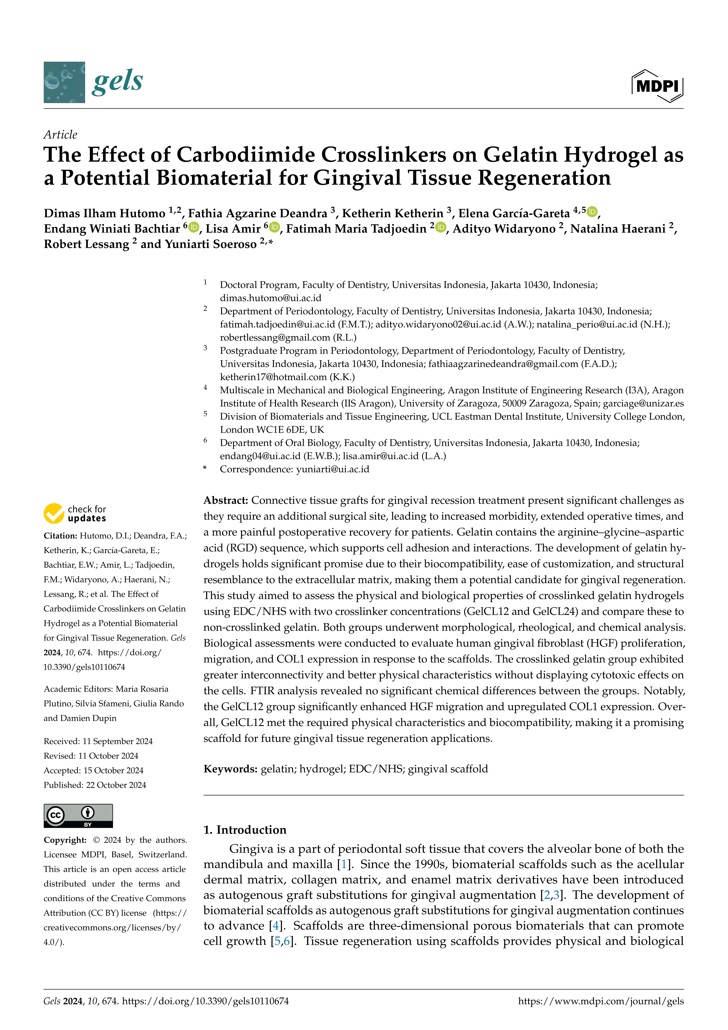 The Effect of Carbodiimide Crosslinkers on Gelatin Hydrogel as a Potential Biomaterial for Gingival Tissue Regeneration