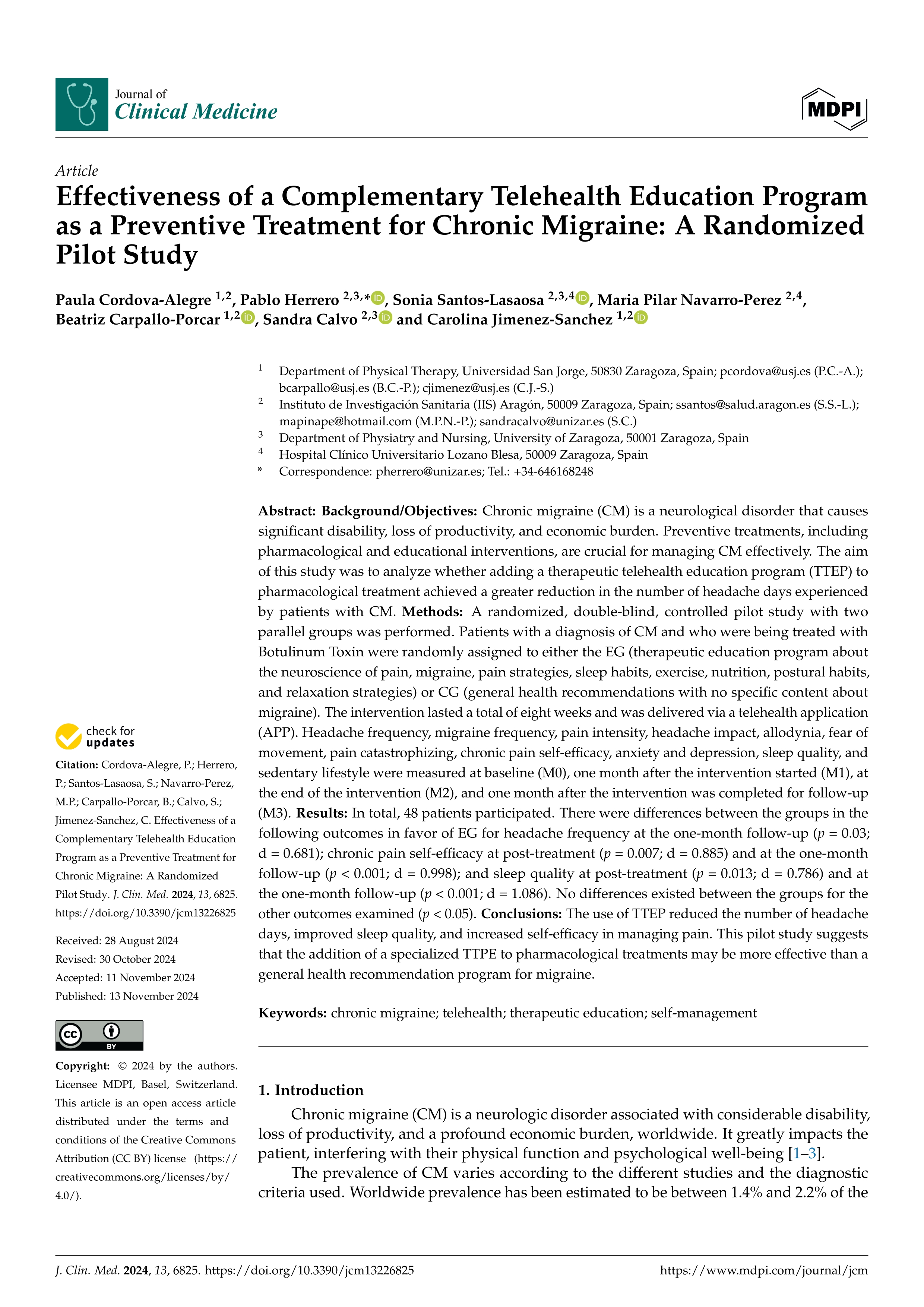 Effectiveness of a Complementary Telehealth Education Program as a Preventive Treatment for Chronic Migraine: A Randomized Pilot Study