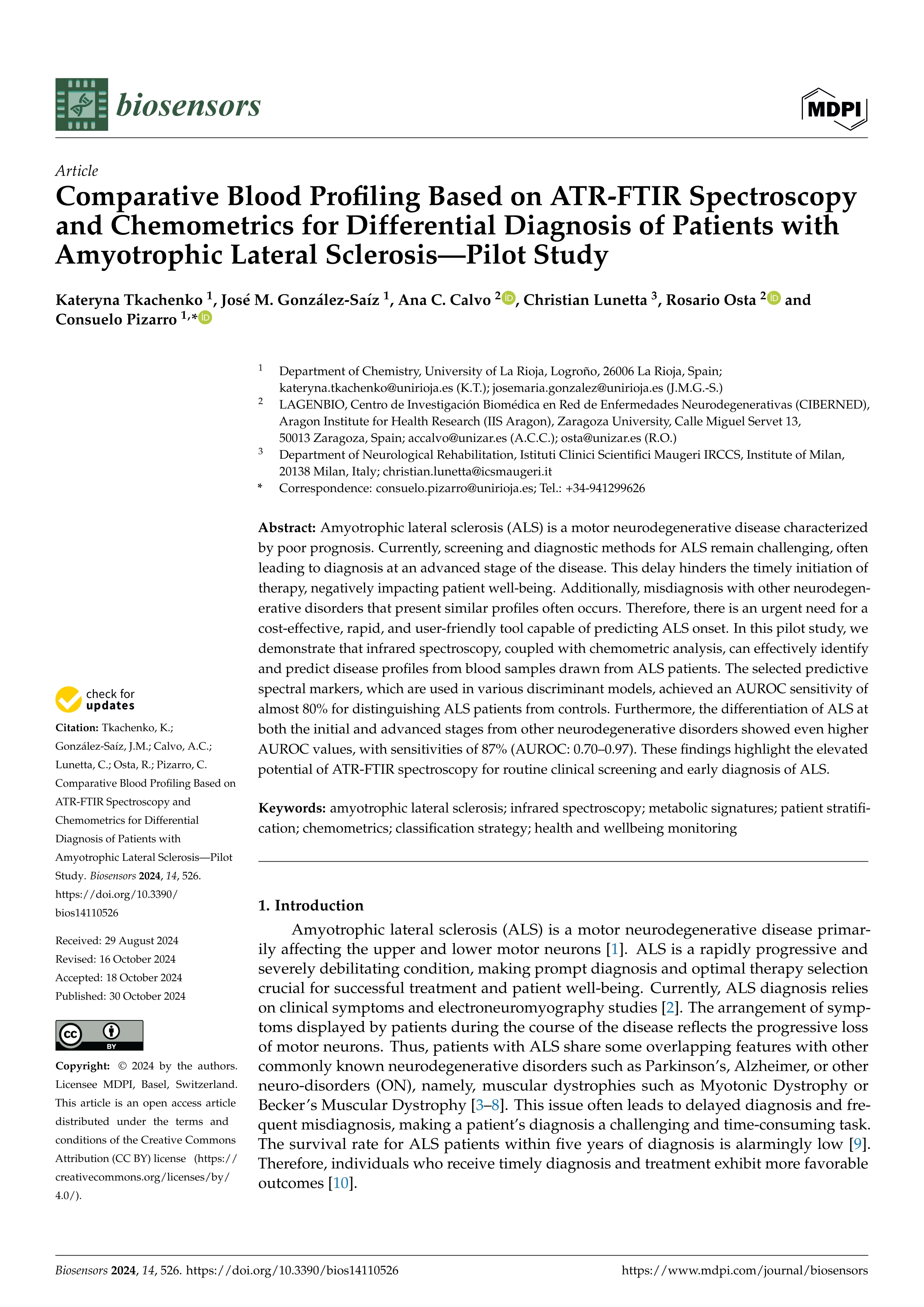 Comparative Blood Profiling Based on ATR-FTIR Spectroscopy and Chemometrics for Differential Diagnosis of Patients with Amyotrophic Lateral Sclerosis—Pilot Study