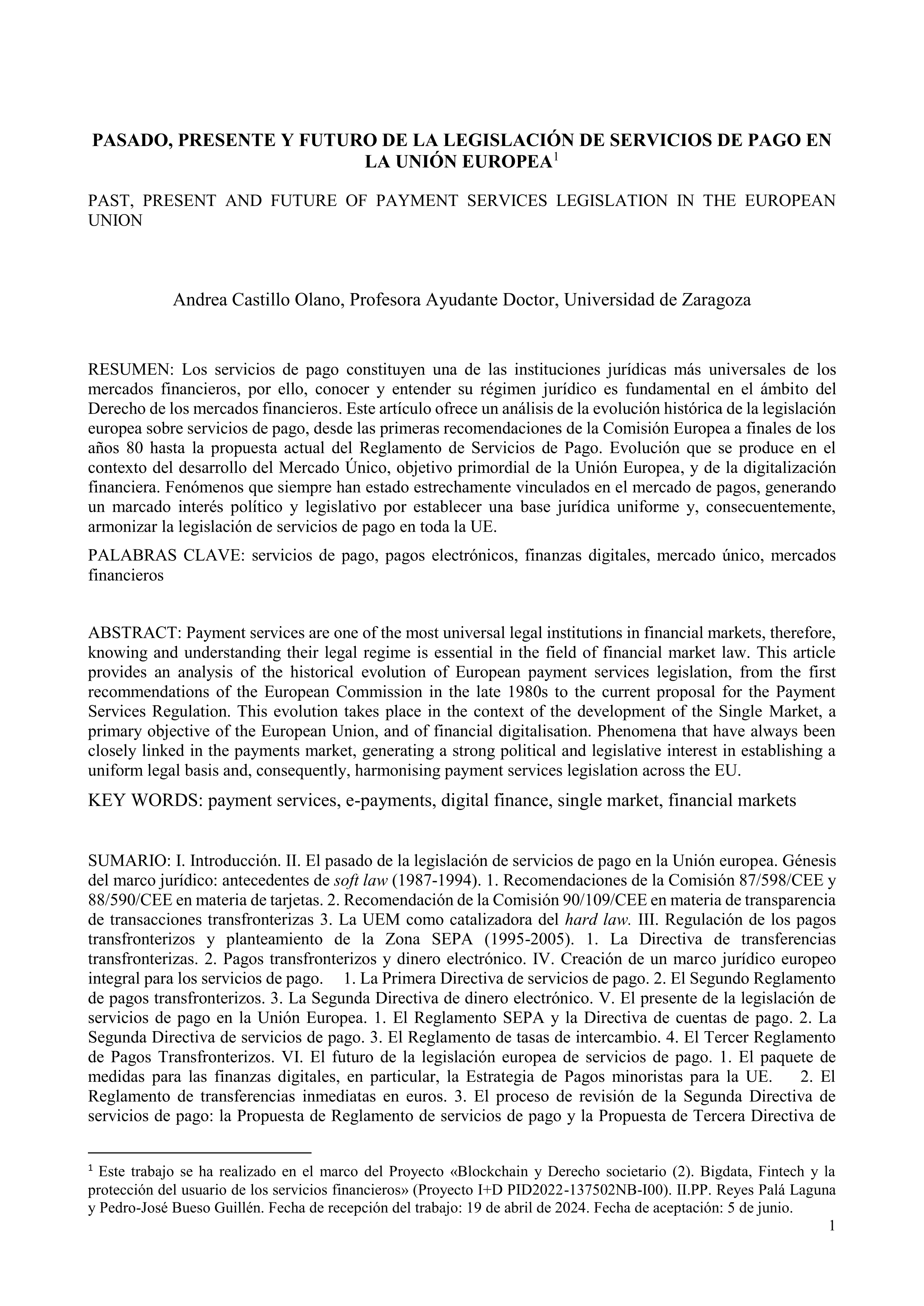 Pasado, presente y futuro de la legislación de servicios de pago en la Unión Europea