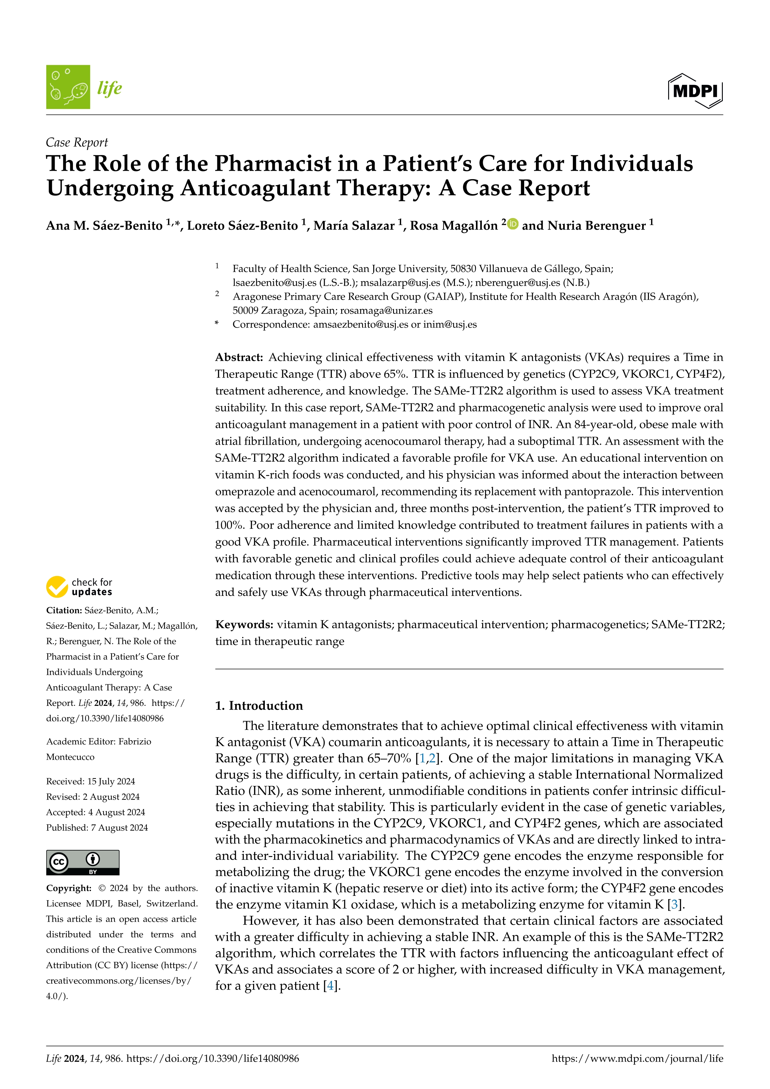 The Role of the Pharmacist in a Patient’s Care for Individuals Undergoing Anticoagulant Therapy: A Case Report