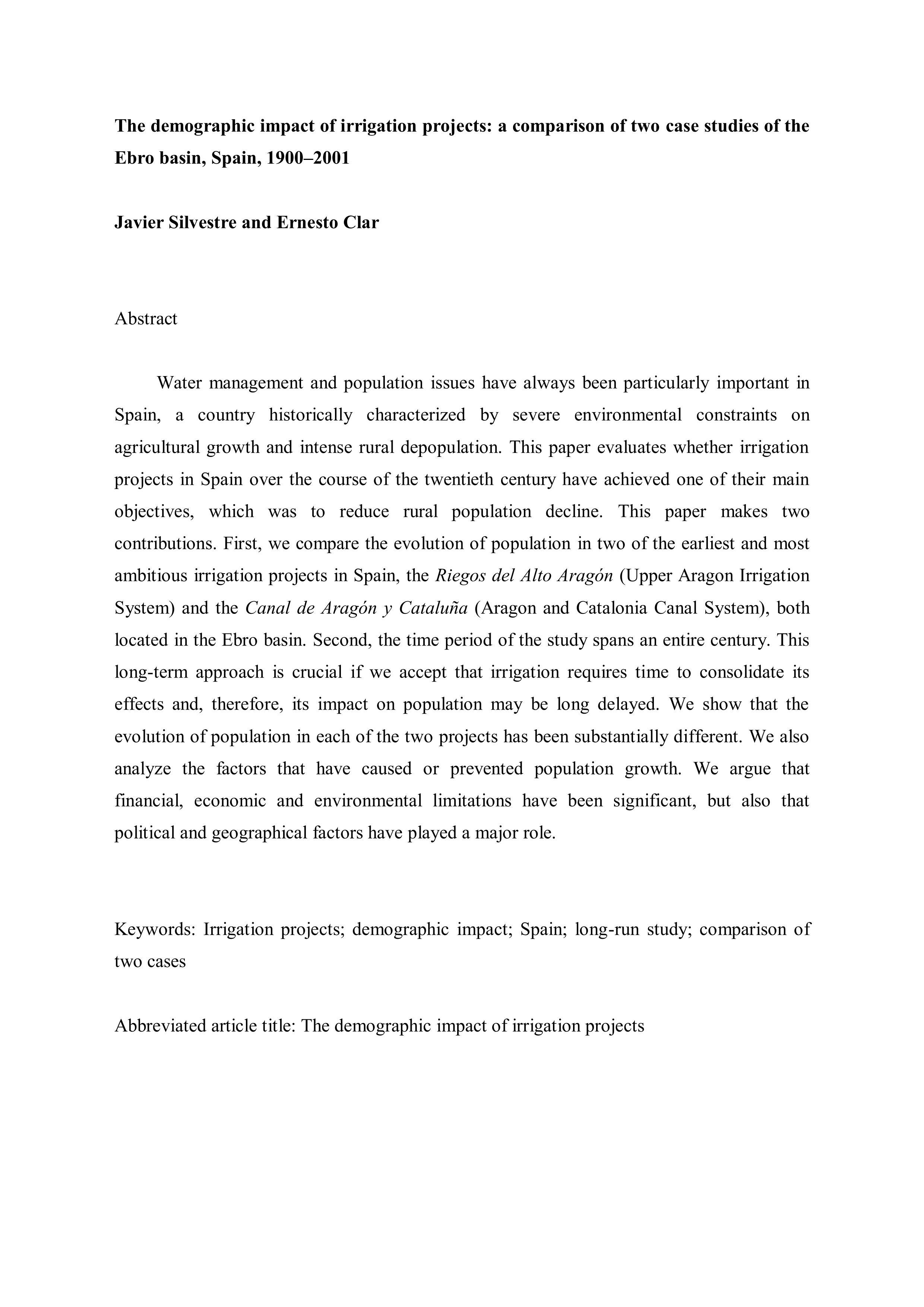 The demographic impact of irrigation projects: A comparison of two case studies of the Ebro basin, Spain, 1900-2001