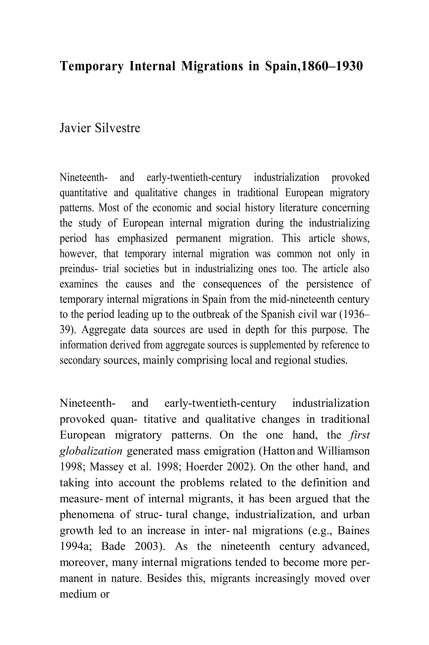 Temporary Internal Migrations in Spain, 1860-1930