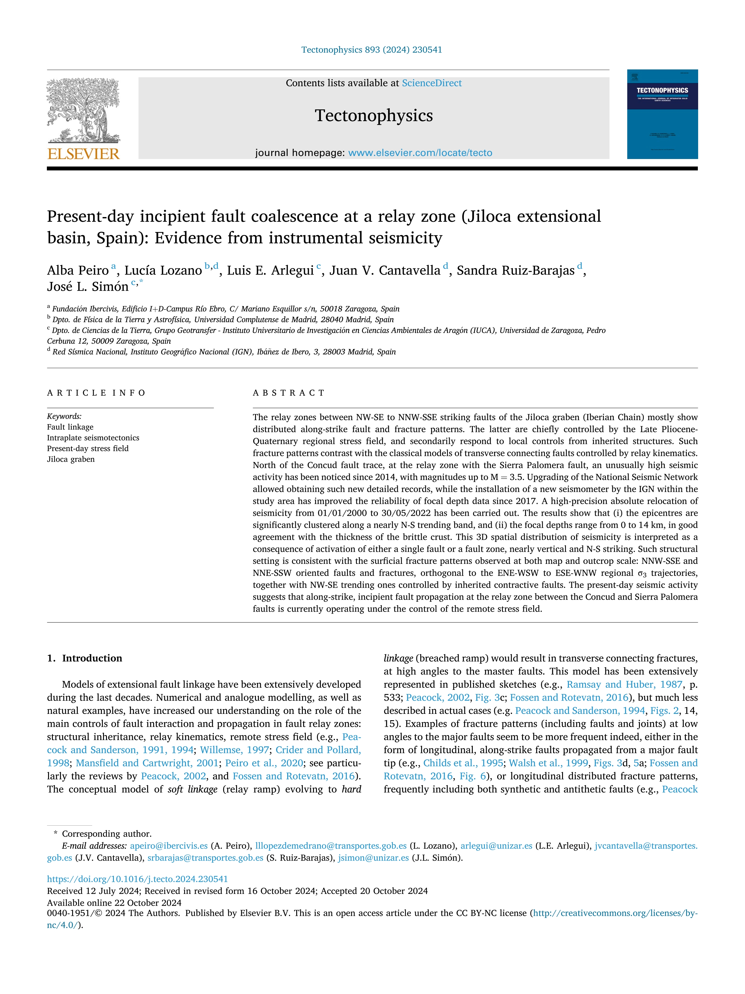 Present-day incipient fault coalescence at a relay zone (Jiloca extensional basin, Spain): Evidence from instrumental seismicity