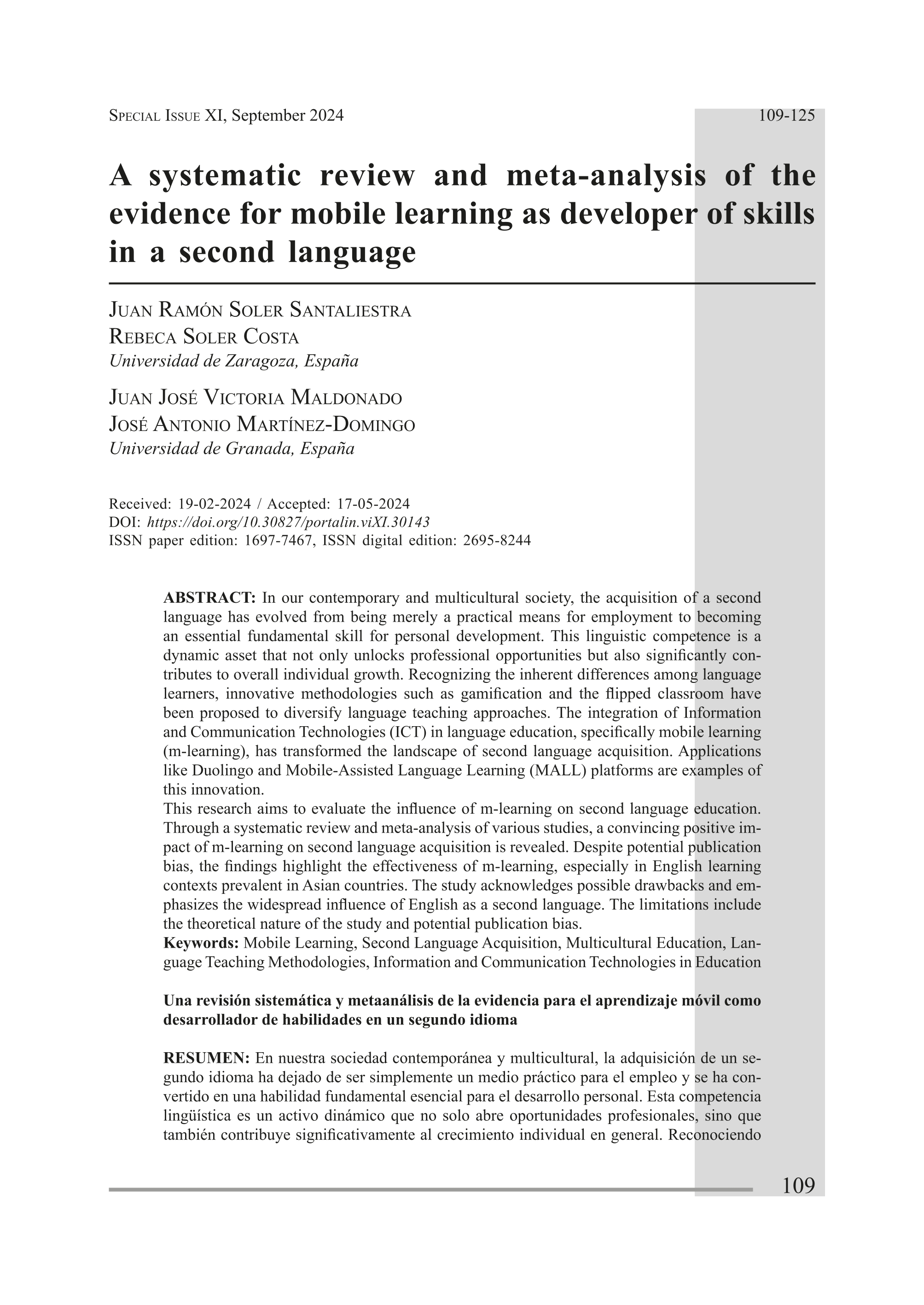 A systematic review and meta-analysis of the evidence for mobile learning as developer of skills in a second language