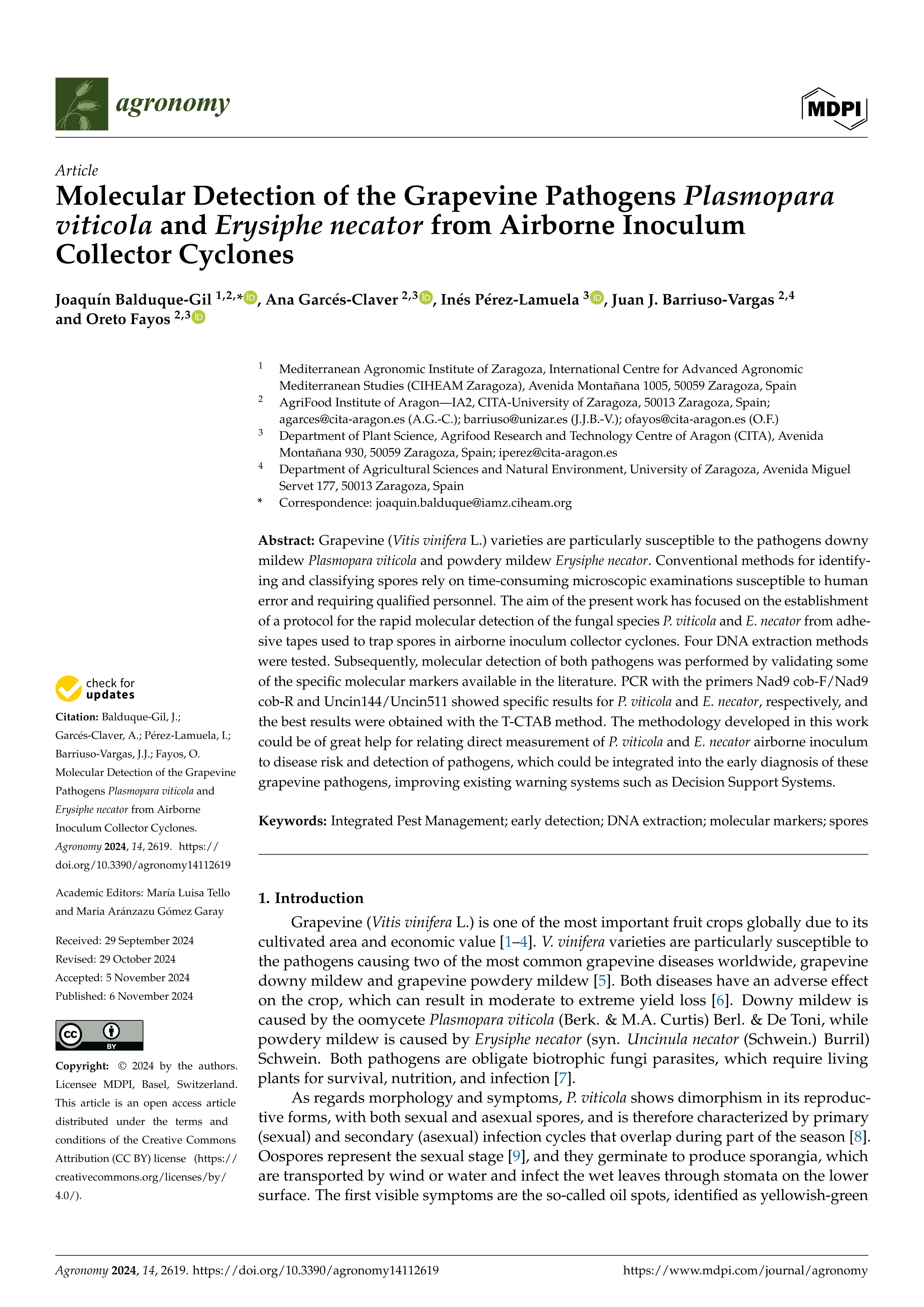 Molecular Detection of the Grapevine Pathogens Plasmopara viticola and Erysiphe necator from Airborne Inoculum Collector Cyclones