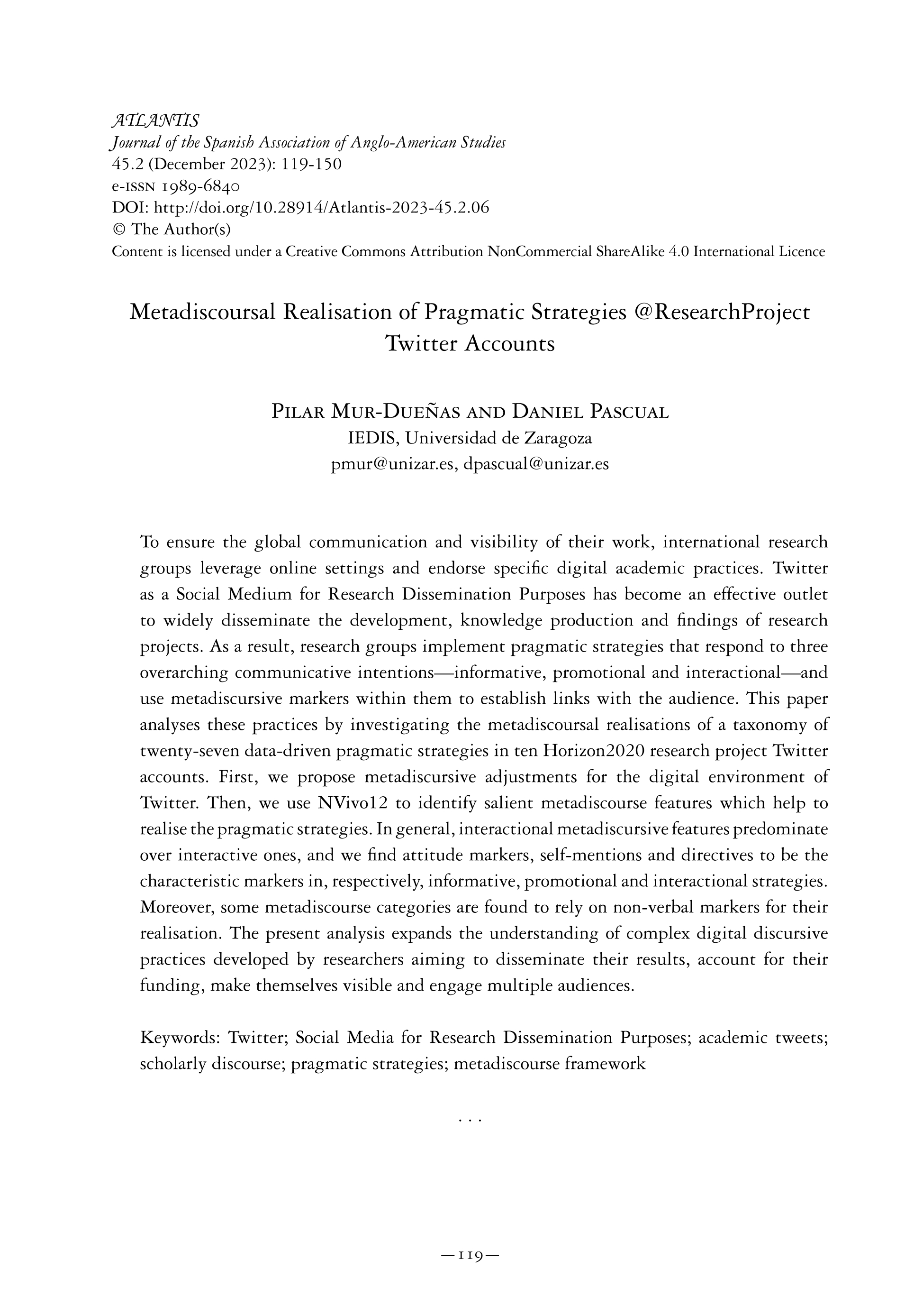 Metadiscoursal Realisation of Pragmatic Strategies @ResearchProject Twitter Accounts