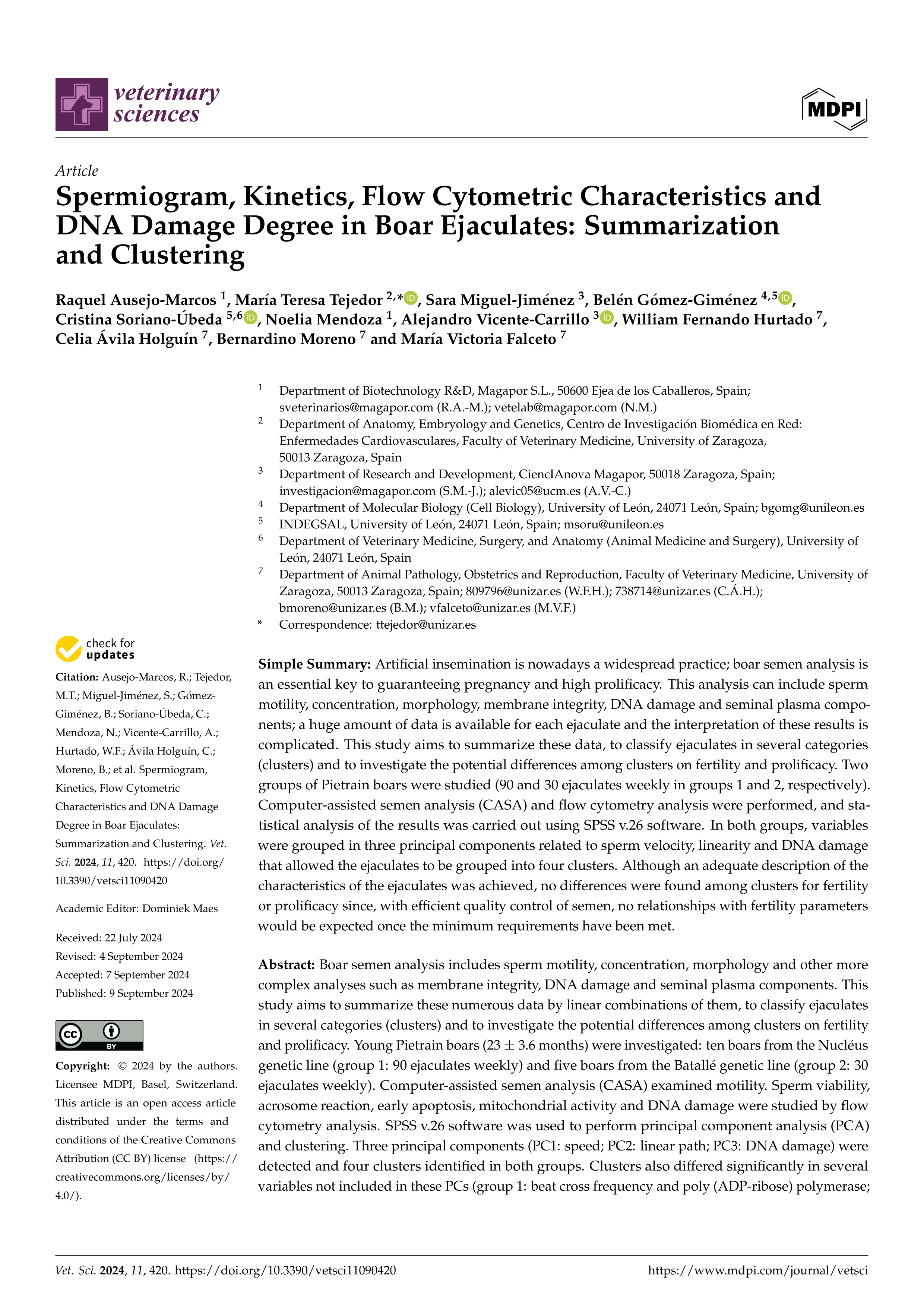 Spermiogram, Kinetics, Flow Cytometric Characteristics and DNA Damage Degree in Boar Ejaculates: Summarization and Clustering