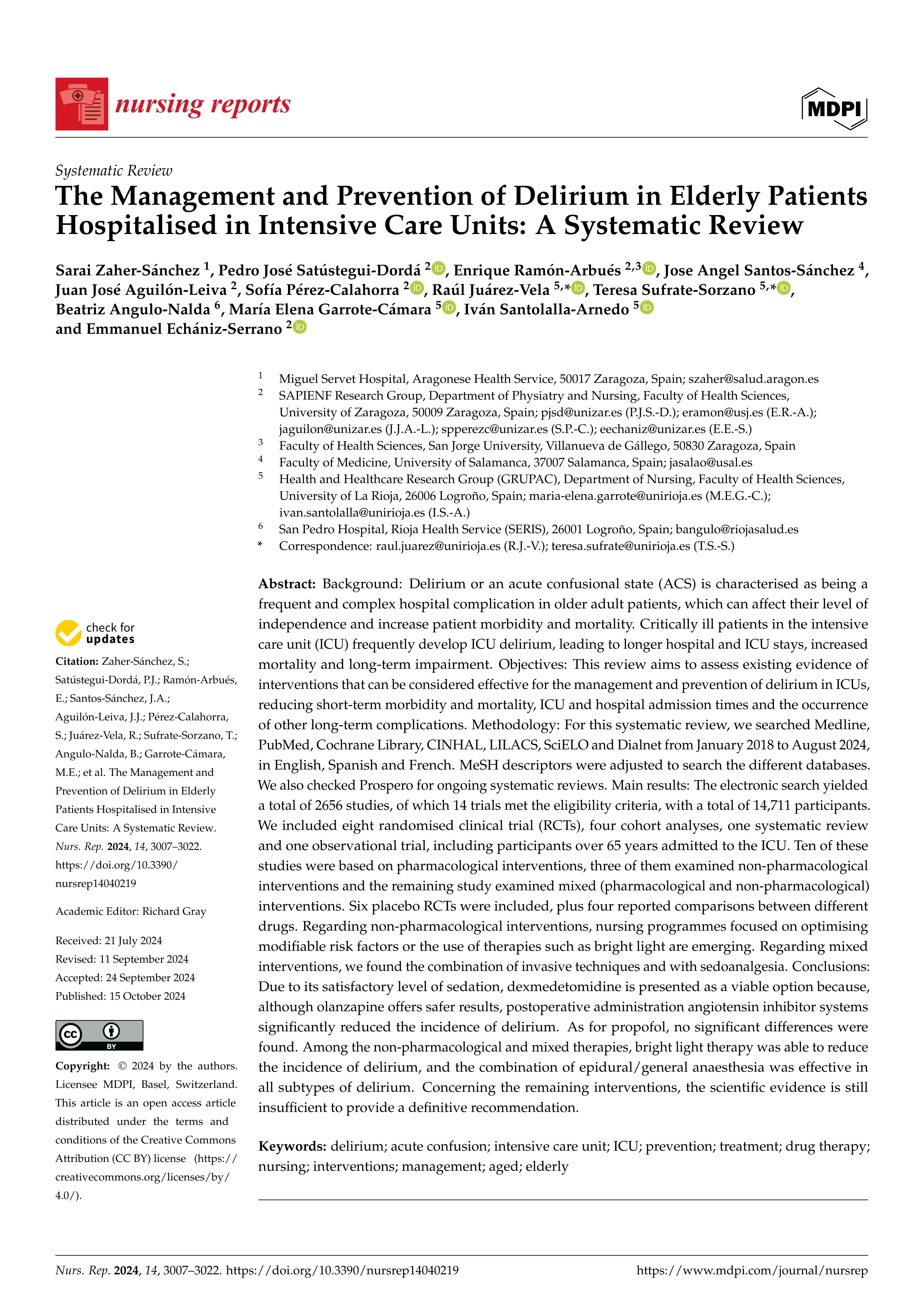 The Management and Prevention of Delirium in Elderly Patients Hospitalised in Intensive Care Units: A Systematic Review