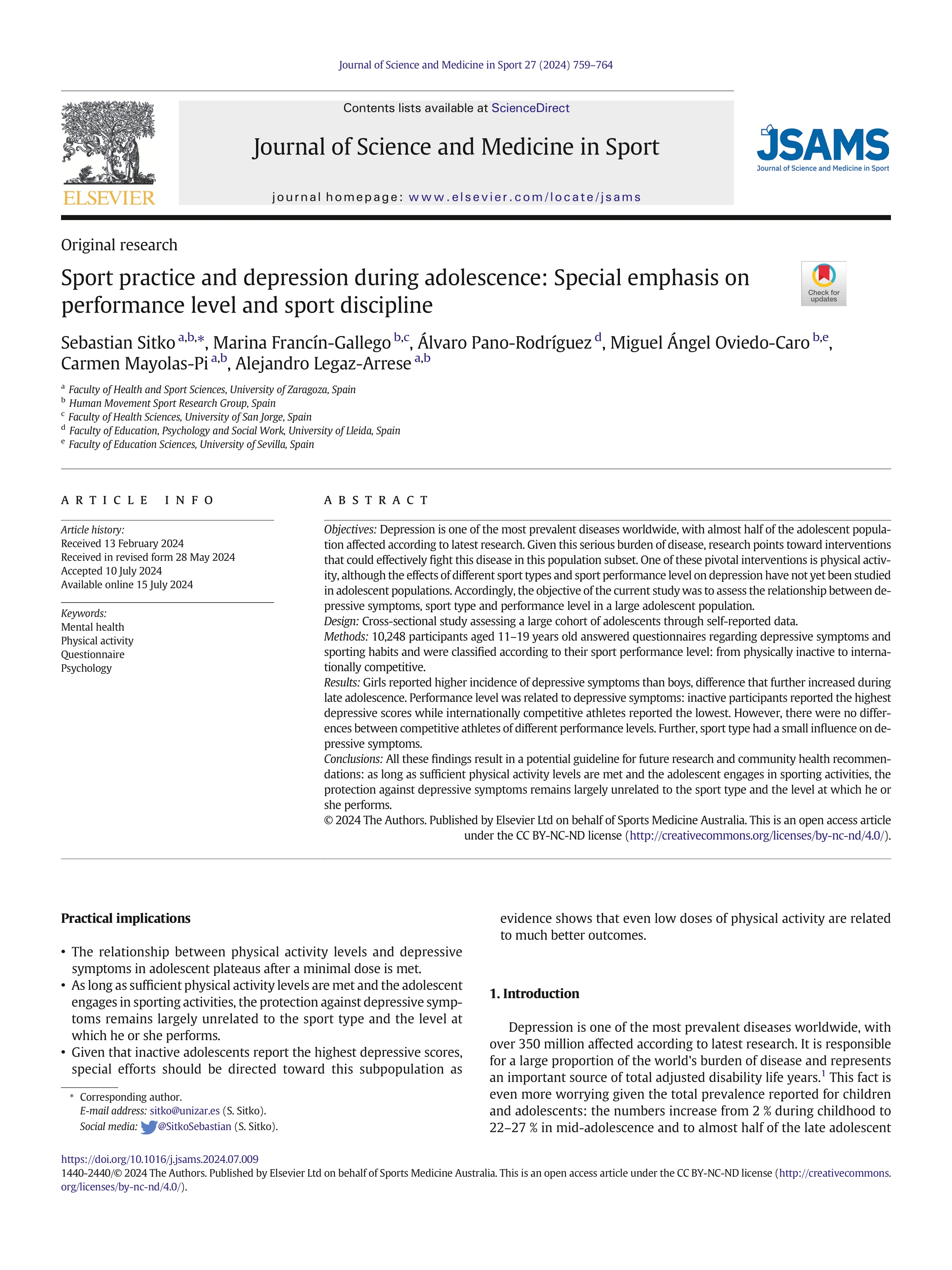 Sport practice and depression during adolescence: Special emphasis on performance level and sport discipline