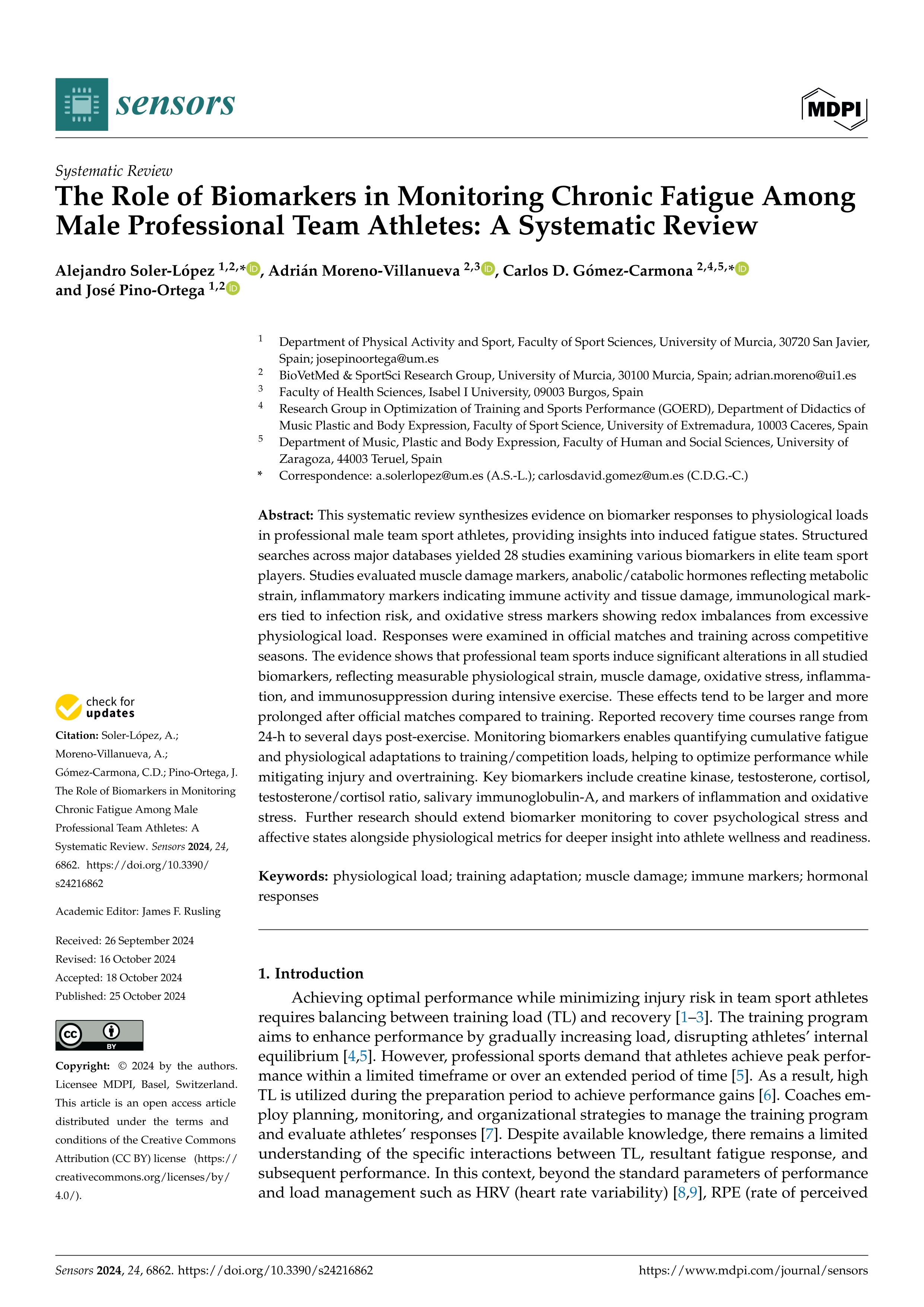 The Role of Biomarkers in Monitoring Chronic Fatigue Among Male Professional Team Athletes: A Systematic Review