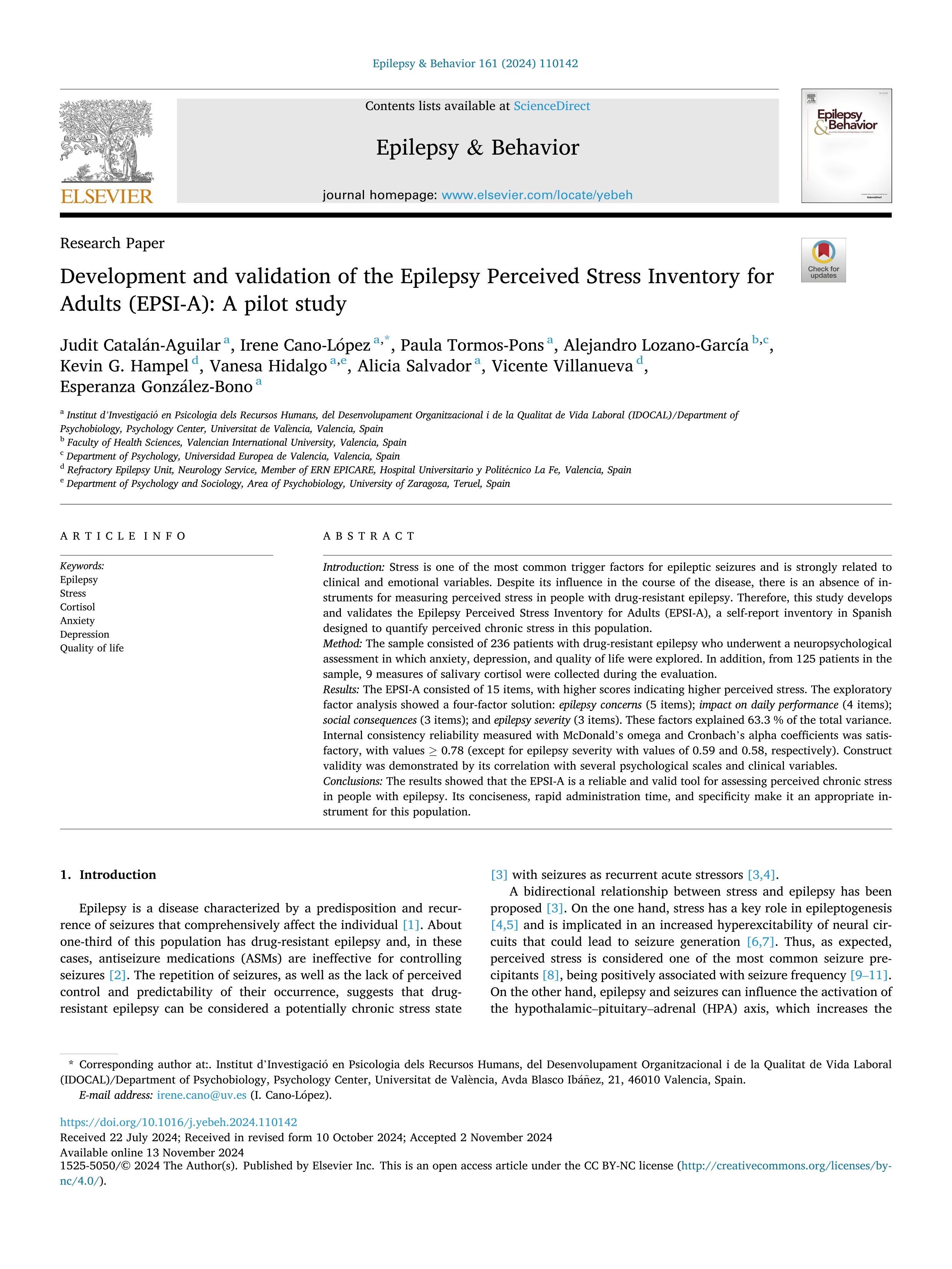 Development and validation of the Epilepsy Perceived Stress Inventory for Adults (EPSI-A): A pilot study