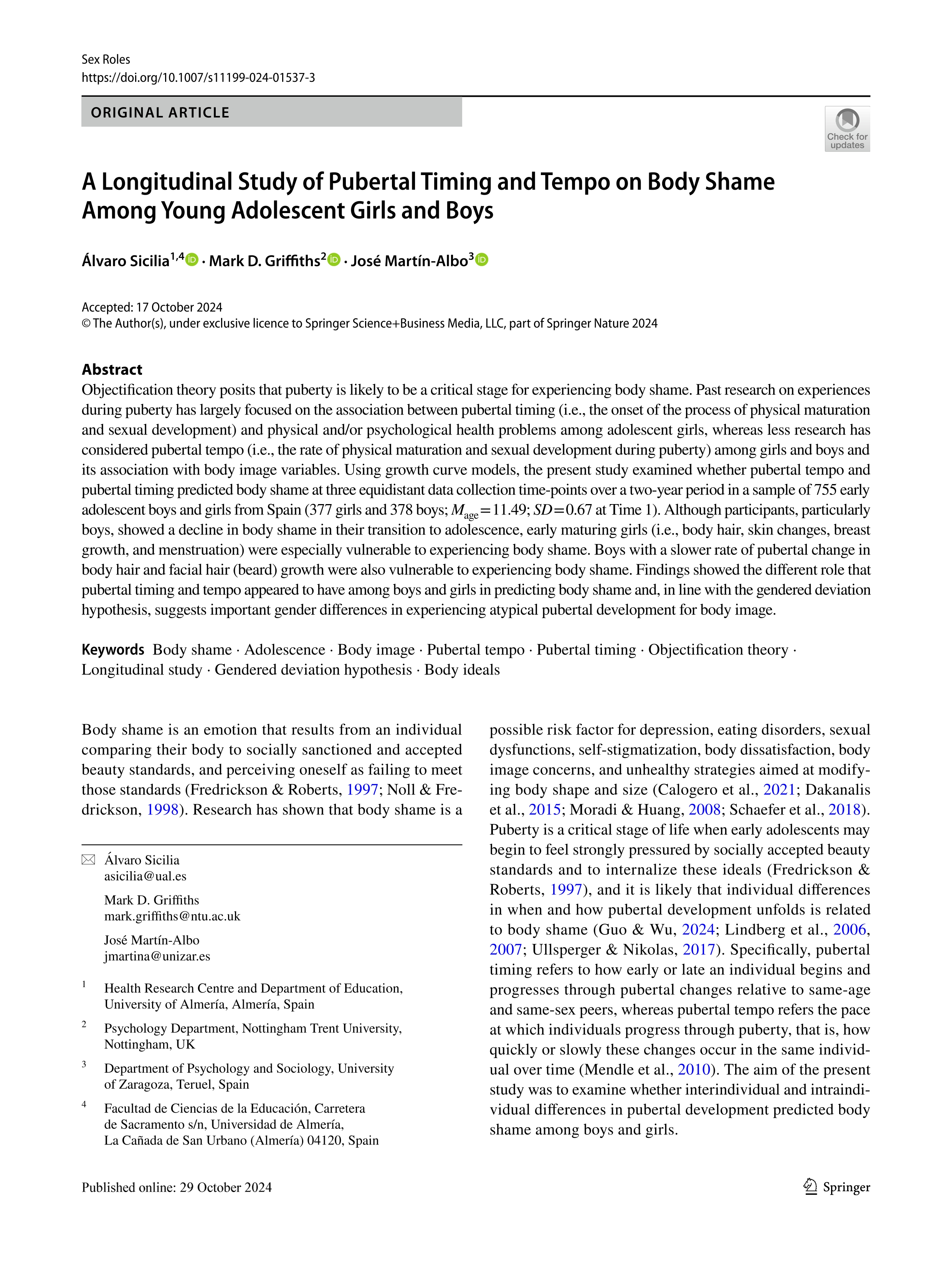 A Longitudinal Study of Pubertal Timing and Tempo on Body Shame Among Young Adolescent Girls and Boys