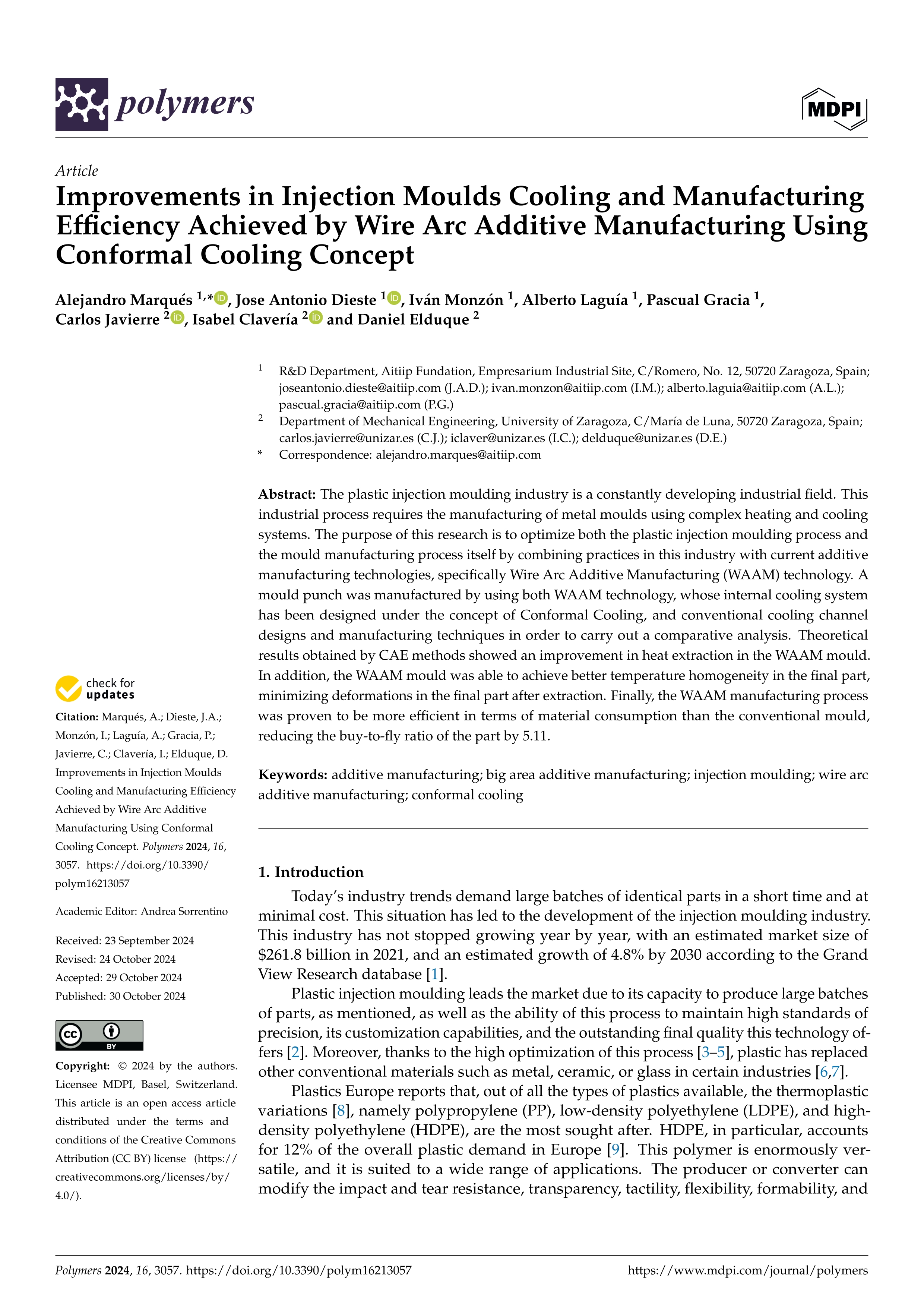 Improvements in Injection Moulds Cooling and Manufacturing Efficiency Achieved by Wire Arc Additive Manufacturing Using Conformal Cooling Concept