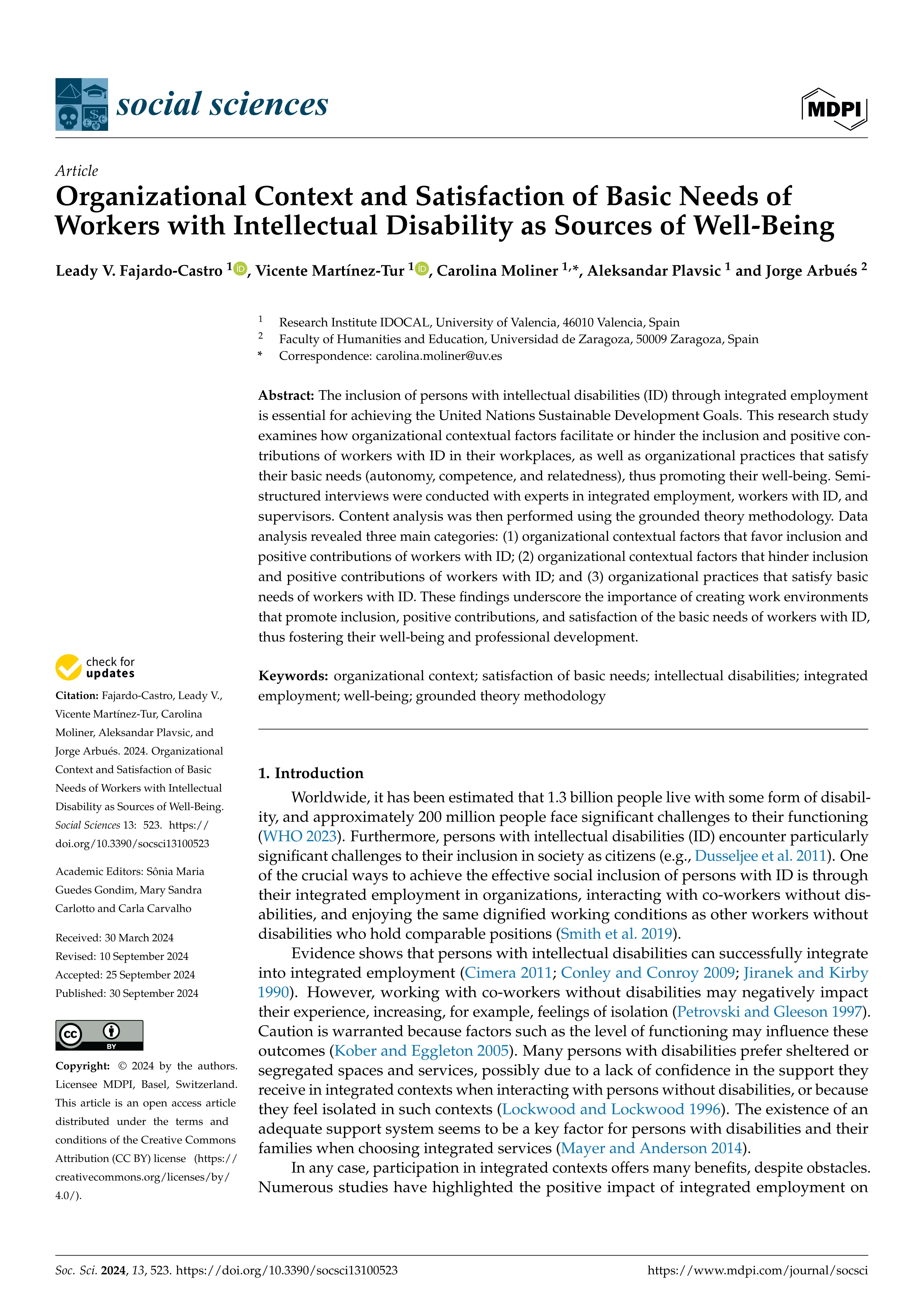 Organizational Context and Satisfaction of Basic Needs of Workers with Intellectual Disability as Sources of Well-Being