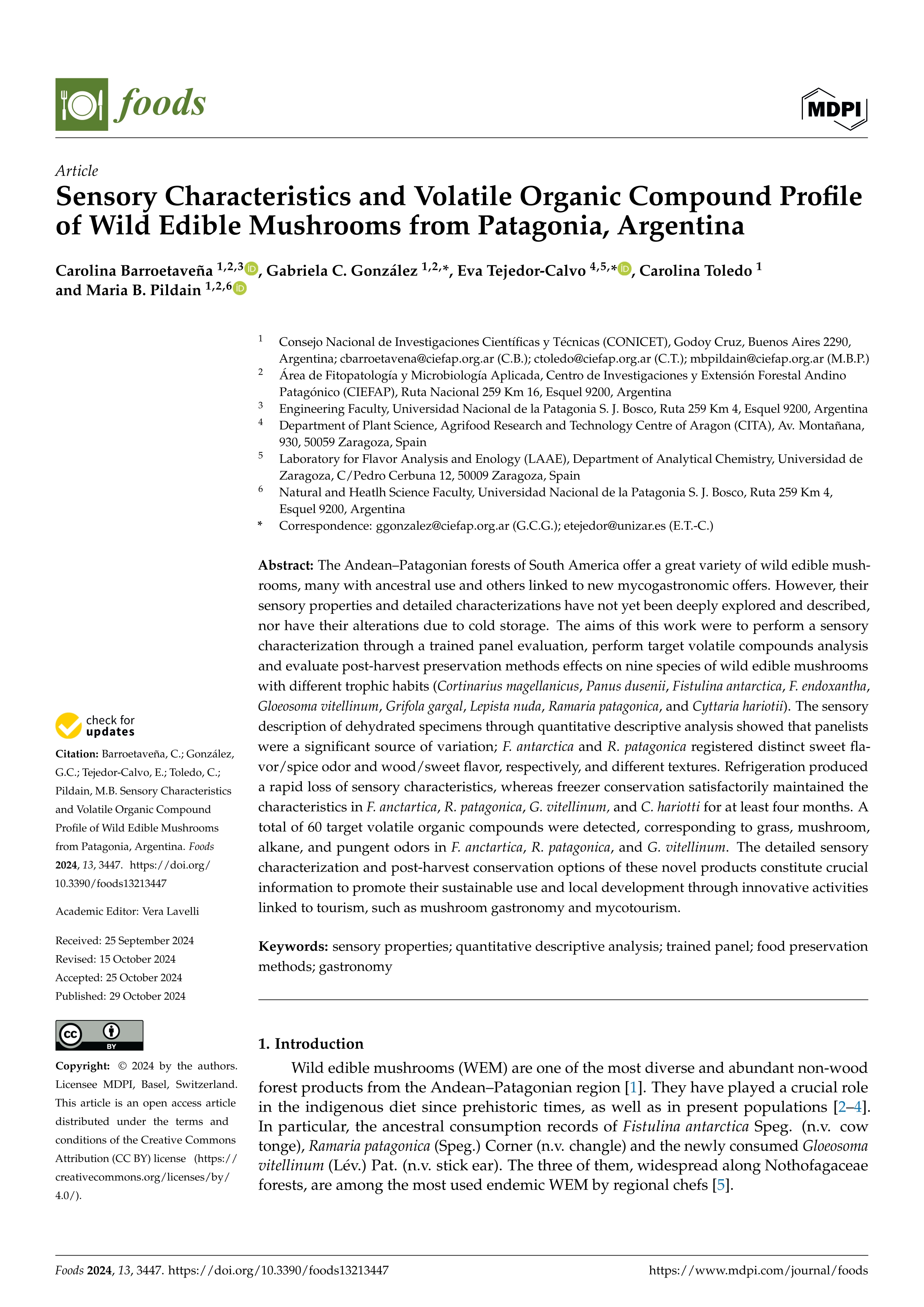 Sensory Characteristics and Volatile Organic Compound Profile of Wild Edible Mushrooms from Patagonia, Argentina