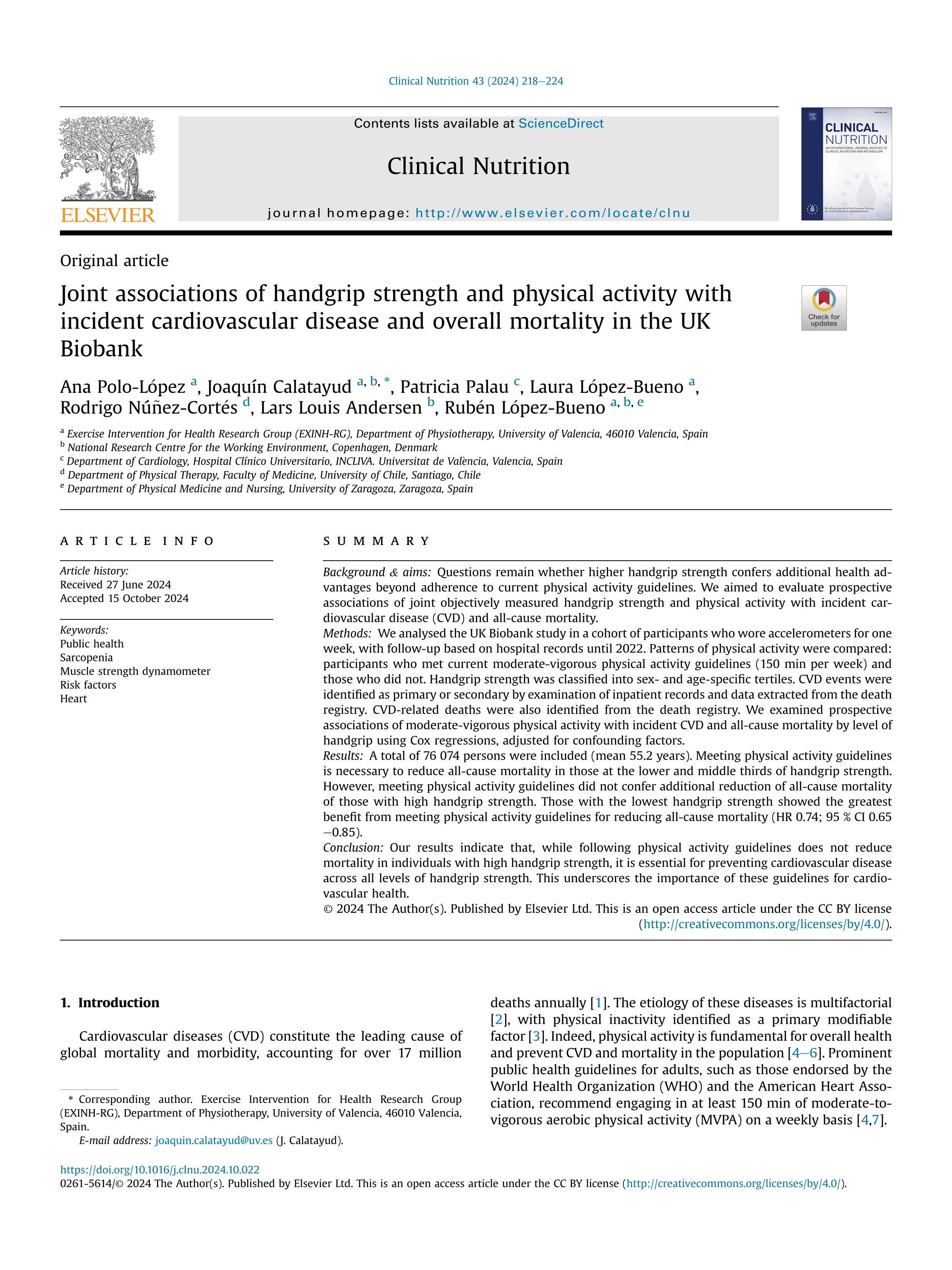 Joint associations of handgrip strength and physical activity with incident cardiovascular disease and overall mortality in the UK Biobank