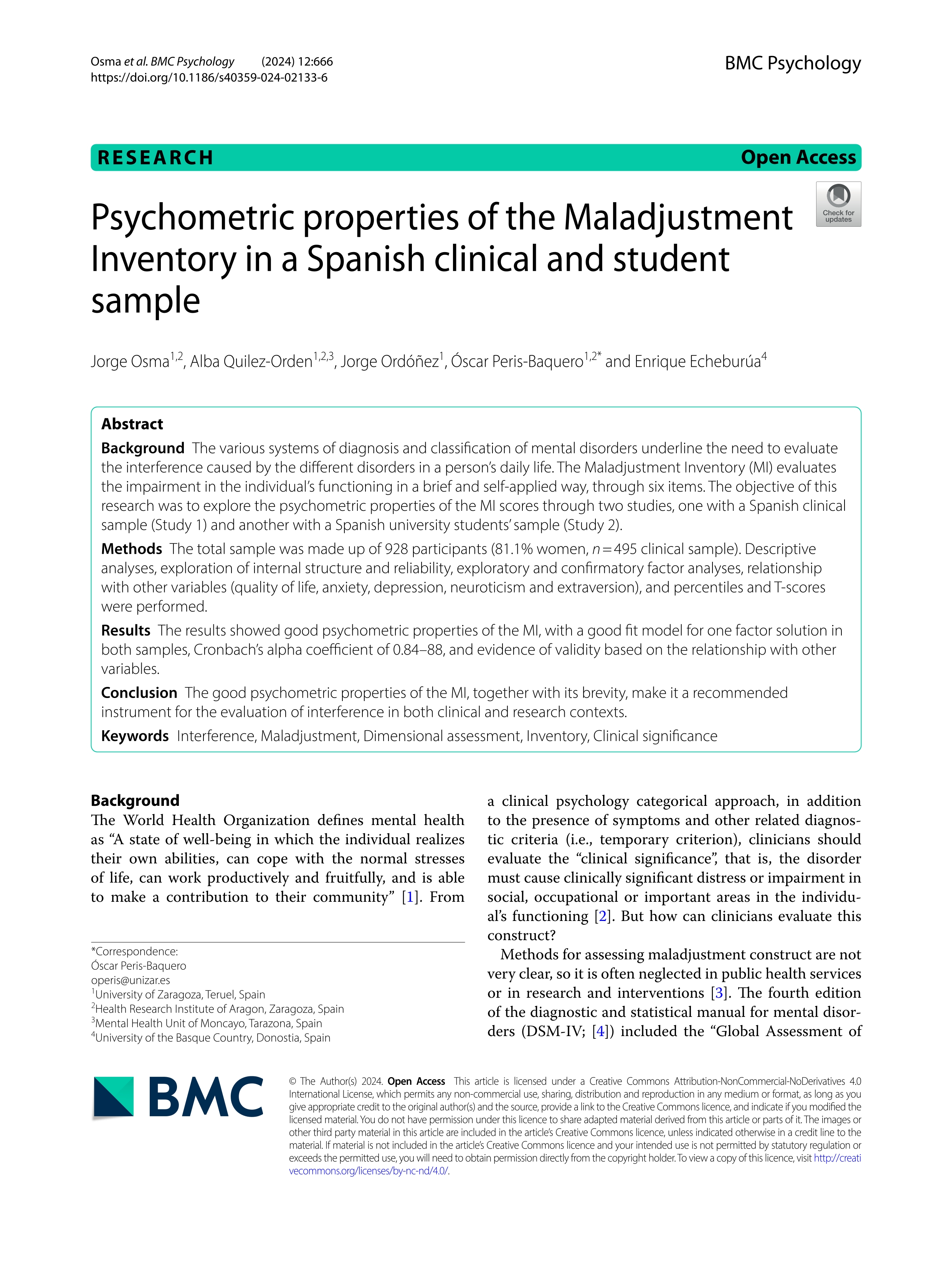 Psychometric properties of the Maladjustment Inventory in a Spanish clinical and student sample