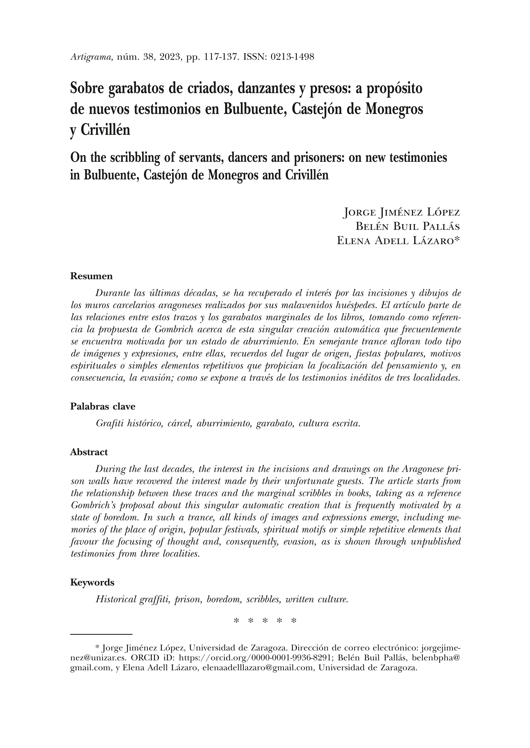 Sobre garabatos de criados, danzantes y presos: a propósito de nuevos testimonios en Bulbuente, Castejón de Monegros y Crivillén