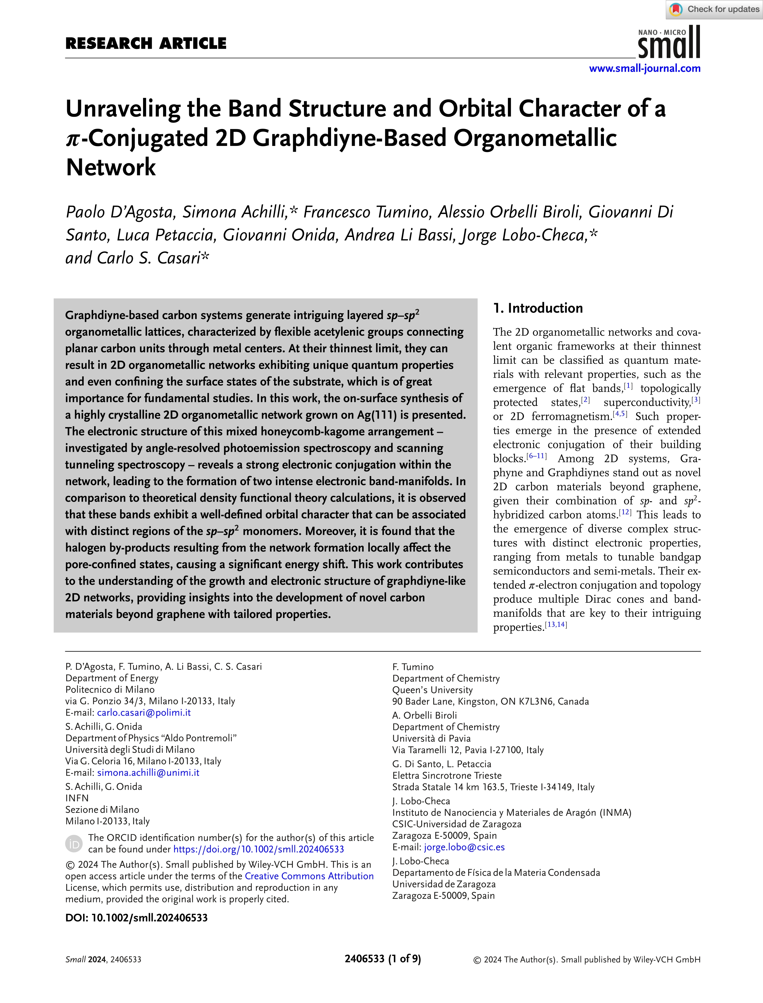 Unraveling the Band Structure and Orbital Character of a p-Conjugated 2D Graphdiyne-Based Organometallic Network