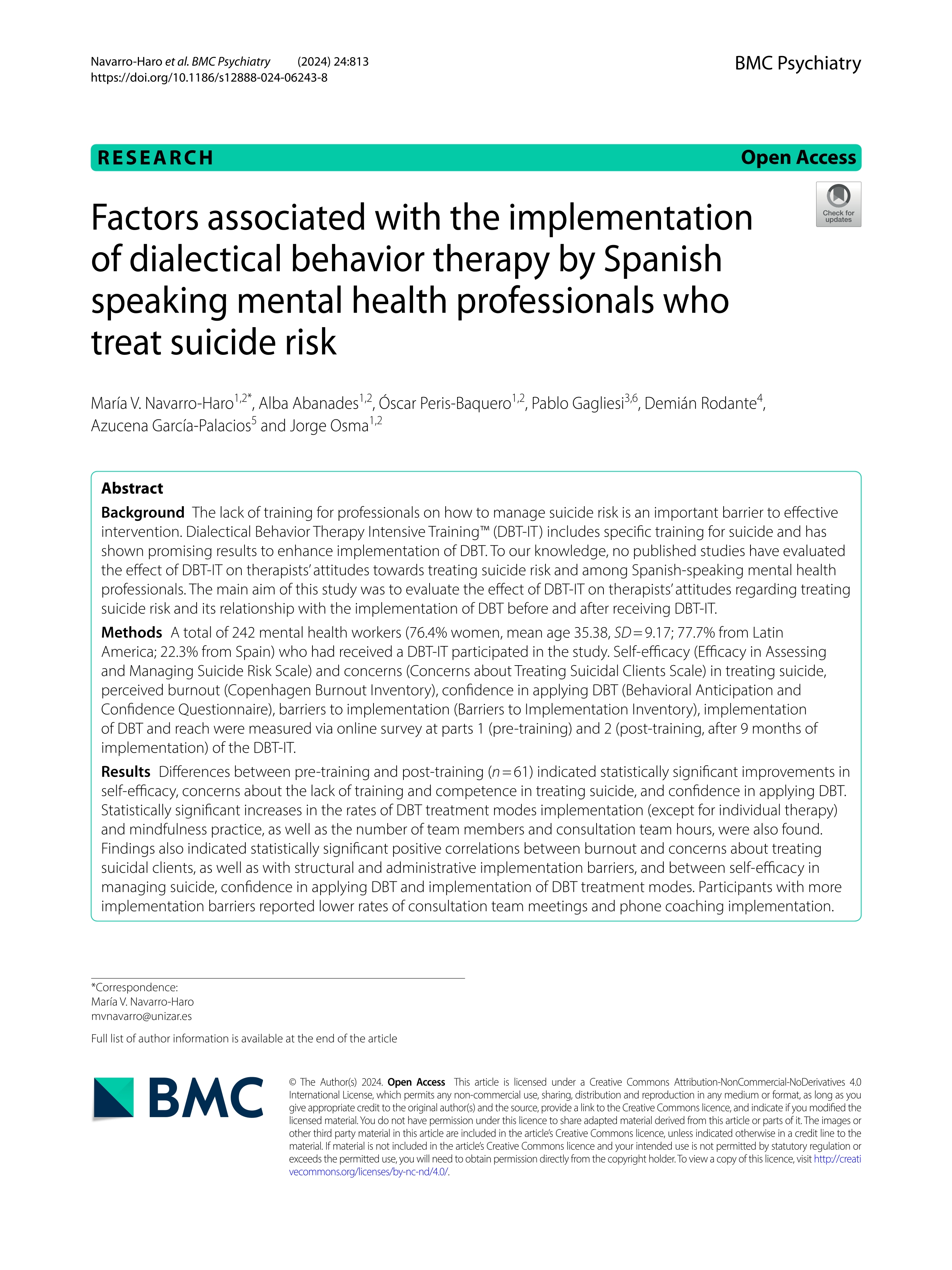 Factors associated with the implementation of dialectical behavior therapy by Spanish speaking mental health professionals who treat suicide risk