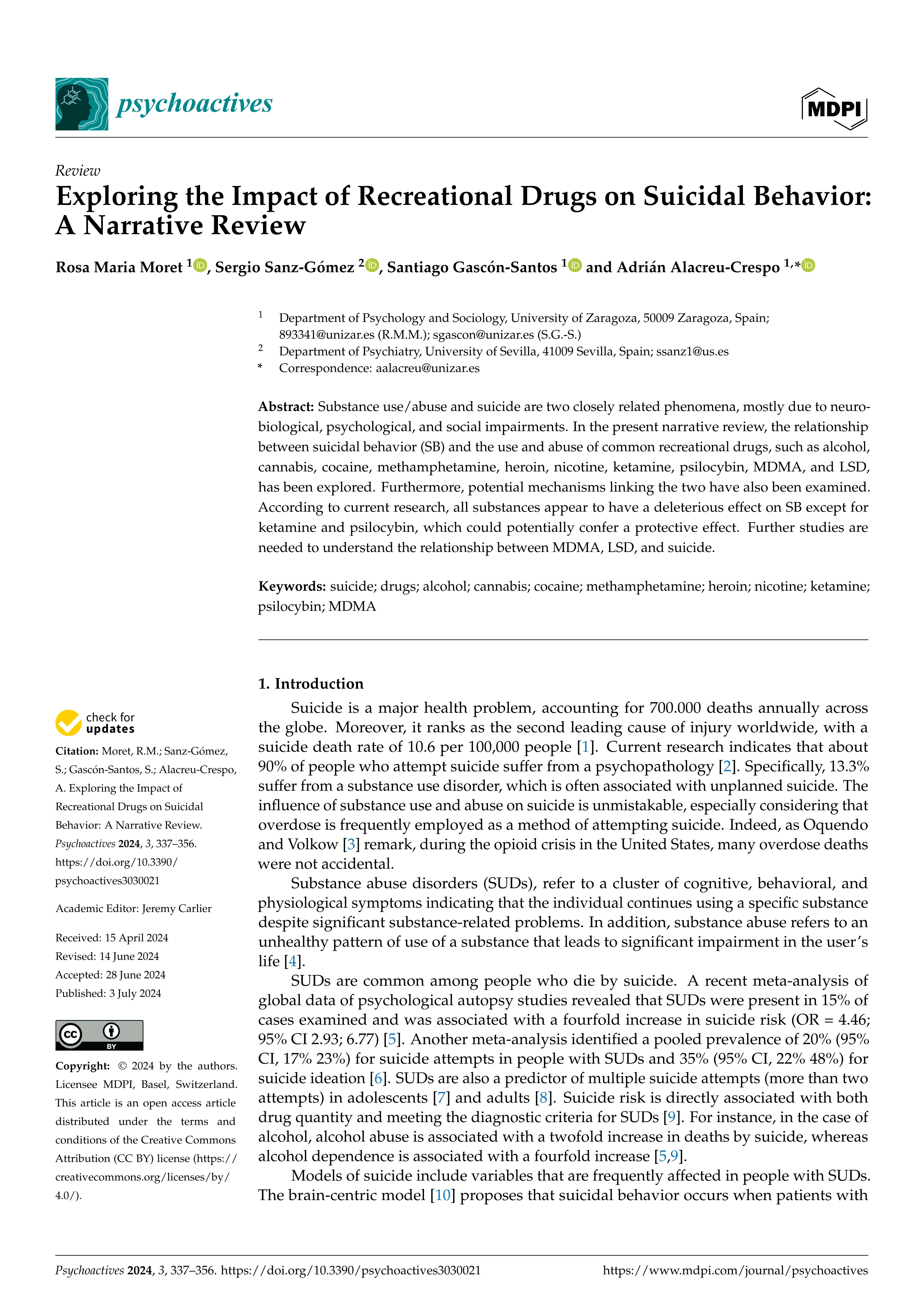 Exploring the Impact of Recreational Drugs on Suicidal Behavior: A Narrative Review