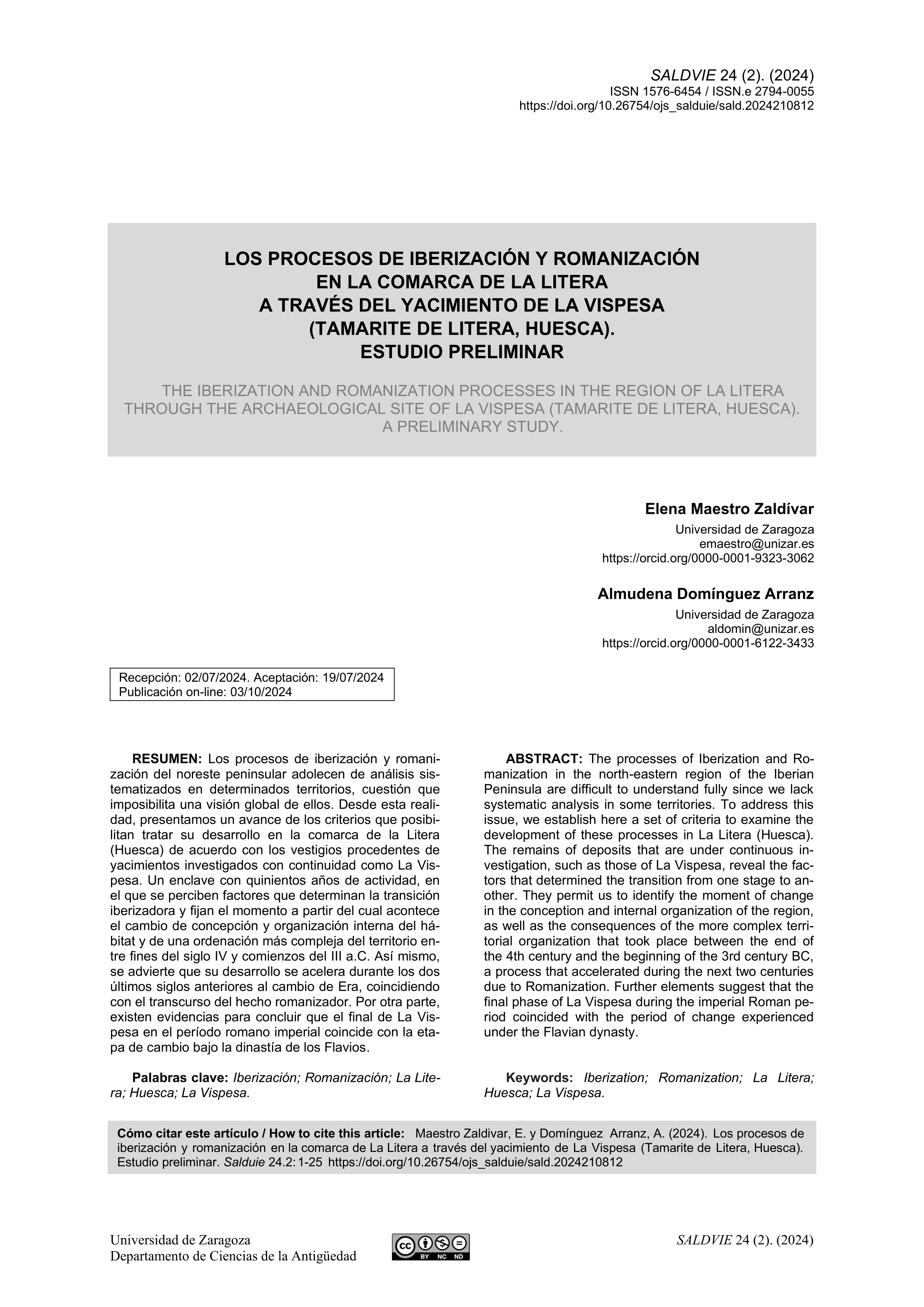 Los procesos de iberización y romanización en la comarca de La Litera a través del yacimiento de La Vispesa (Tamarite de Litera, Huesca). Estudio preliminar.