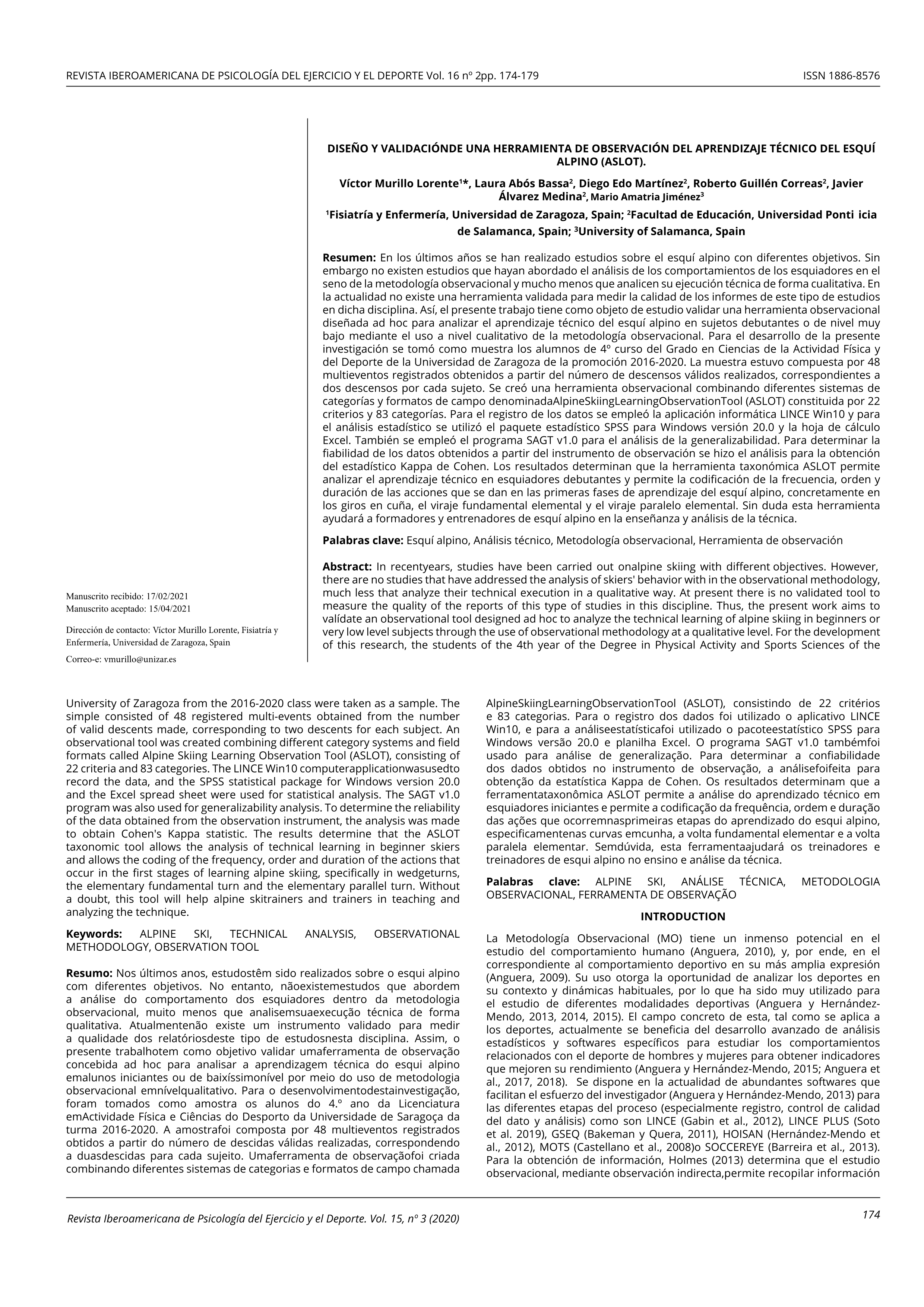 Diseño y validación de una herramienta de observación del aprendizaje técnico del esquí alpino (ASLOT)