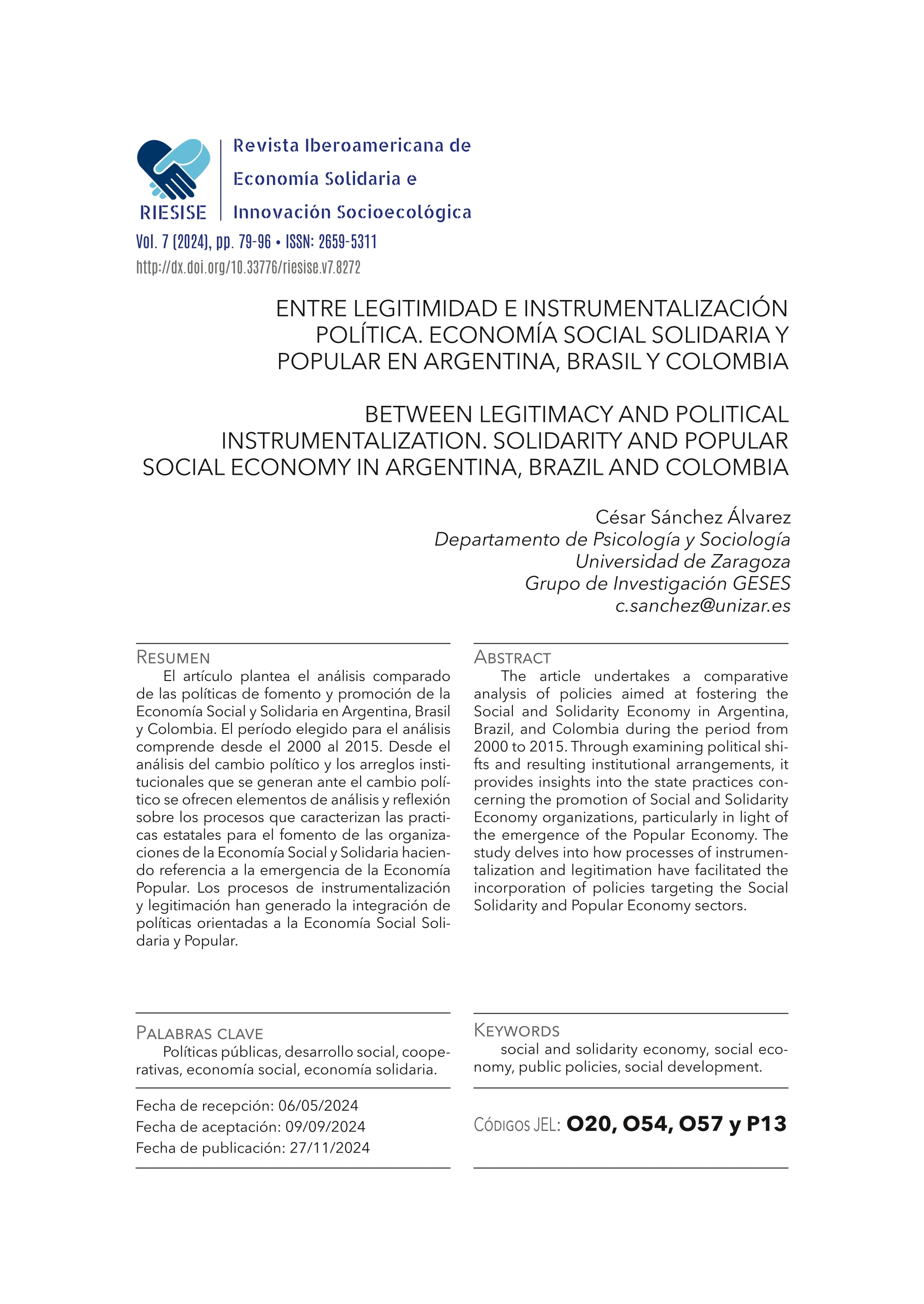 Entre legitimidad e instrumentalización política.Economía Social Solidaria y Popular en Argentina, Brasil y Colombia