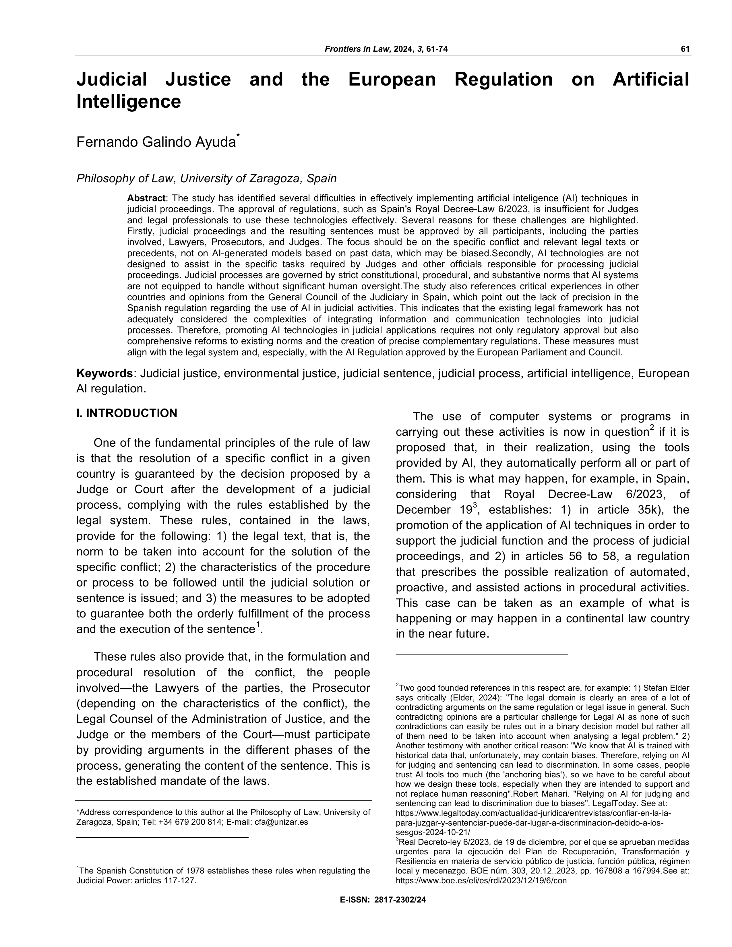 Judicial justice and the european regulation on artificial intelligence