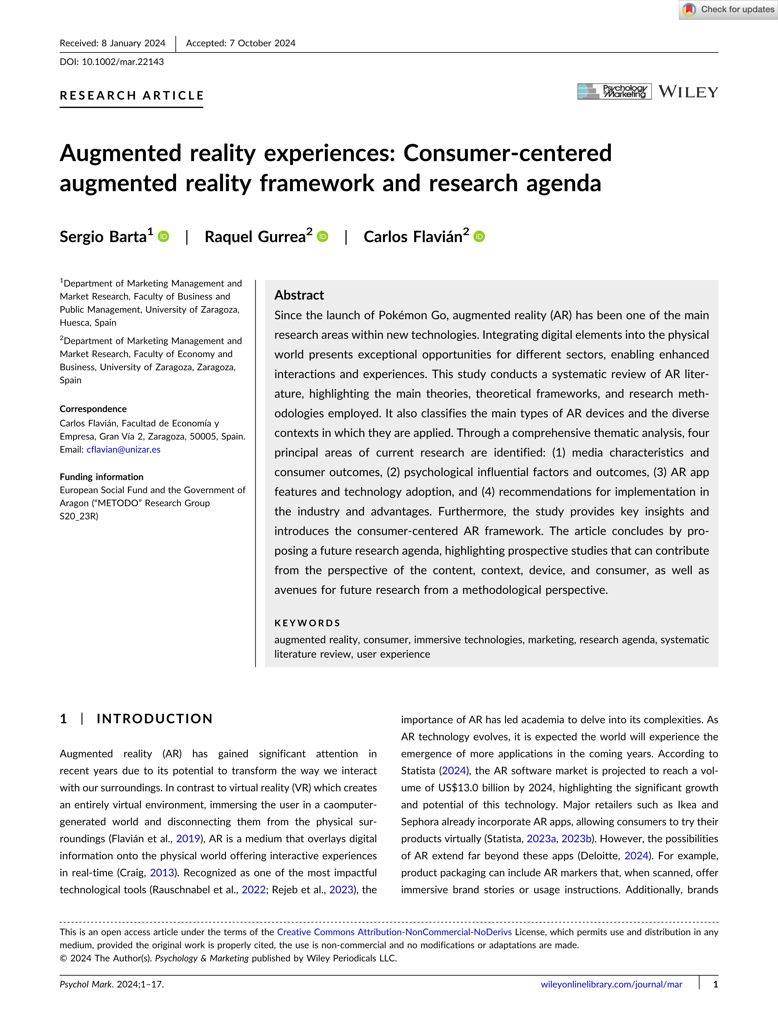 Augmented reality experiences: Consumer-centered augmented reality framework and research agenda