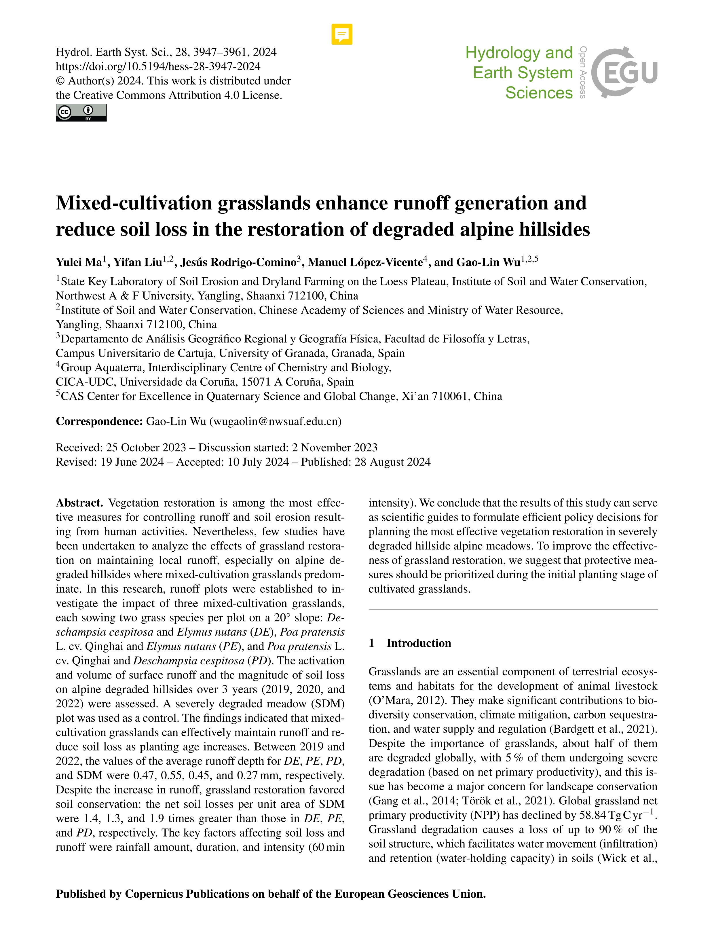 Mixed-cultivation grasslands enhance runoff generation and  reduce soil loss in the restoration of degraded alpine hillsides