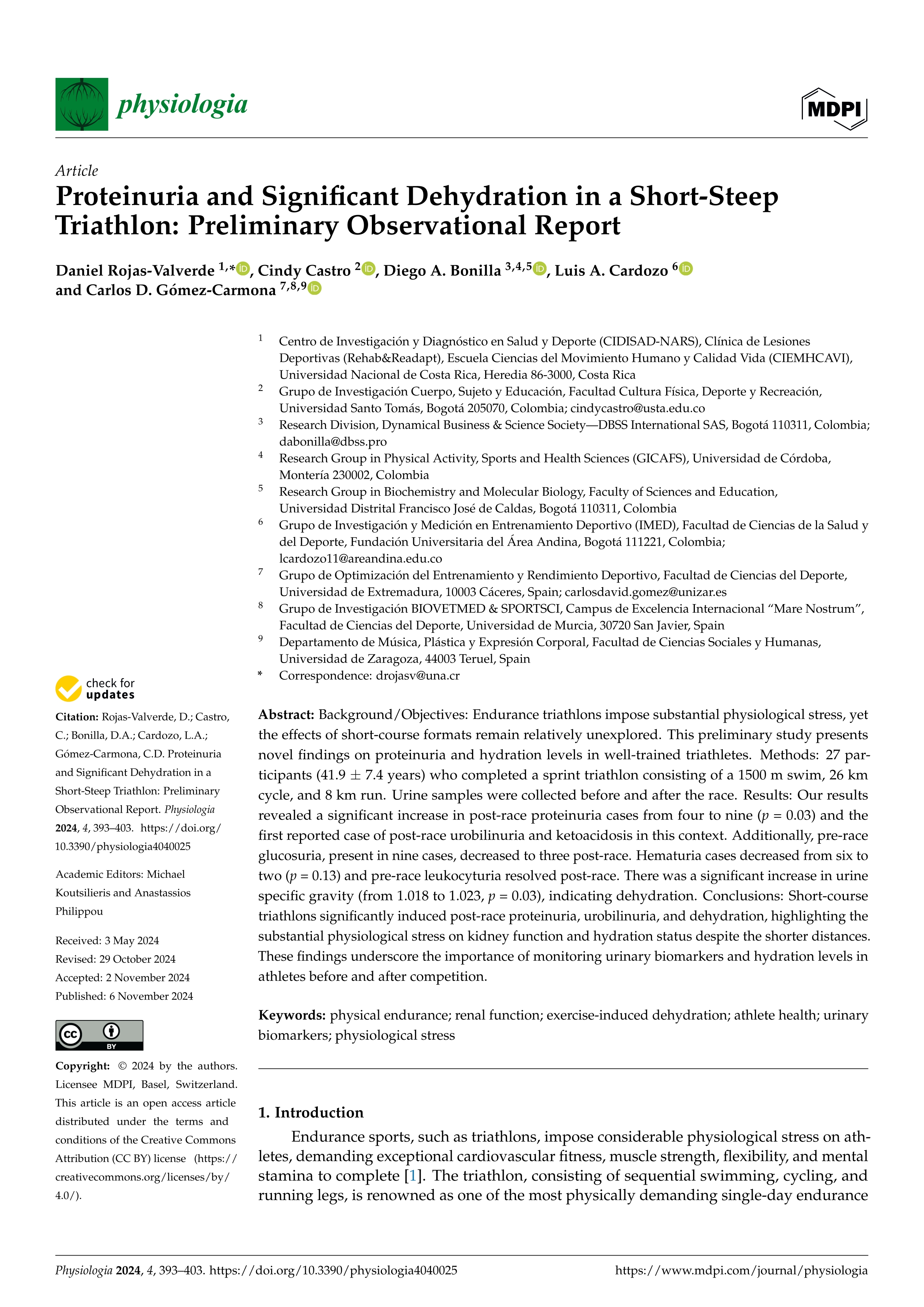 Proteinuria and Significant Dehydration in a Short-Steep Triathlon: Preliminary Observational Report