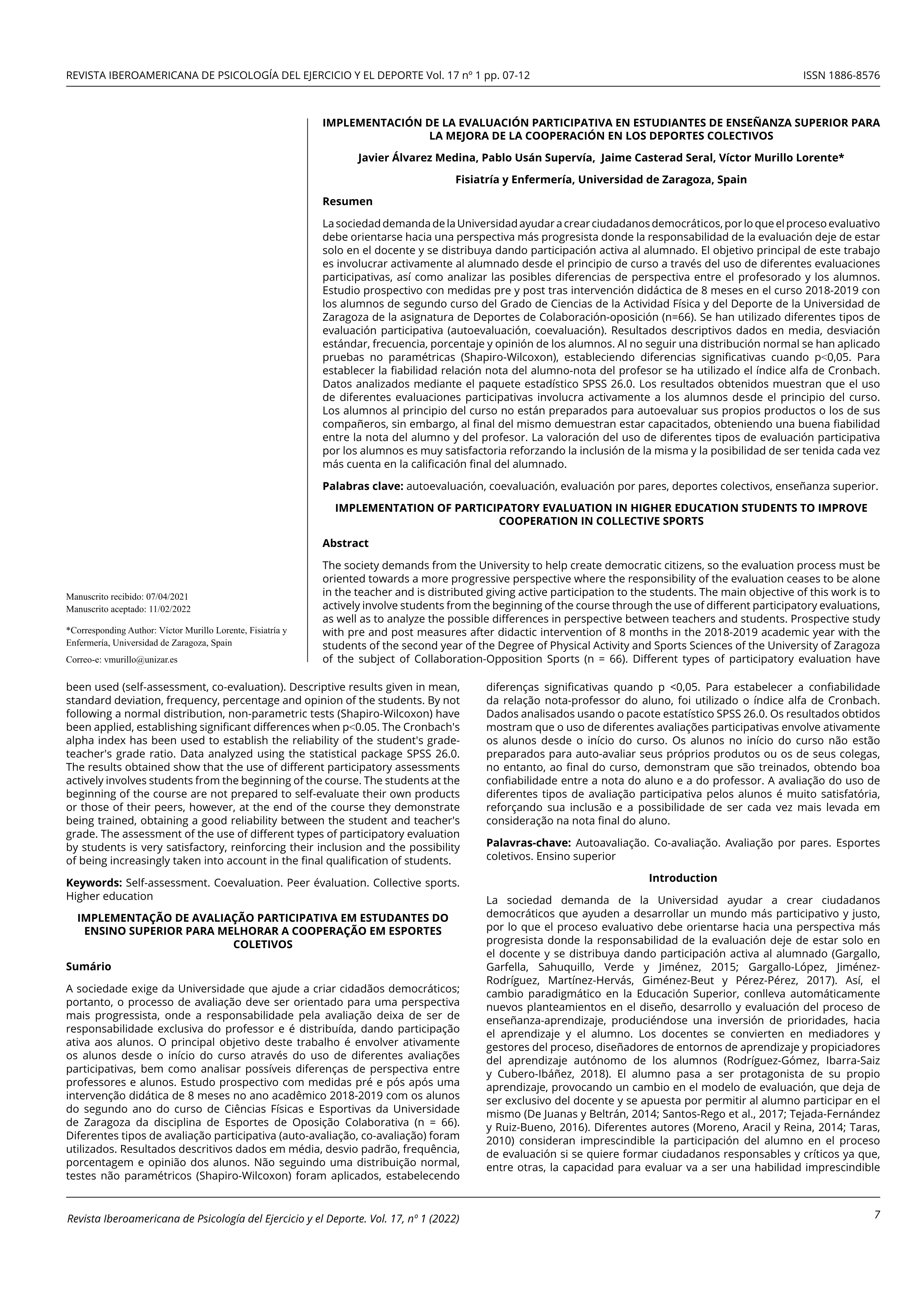 Implementación de la evaluación participativa en estudiantes de enseñanza superior para la mejora de la cooperación en los deportes colectivos