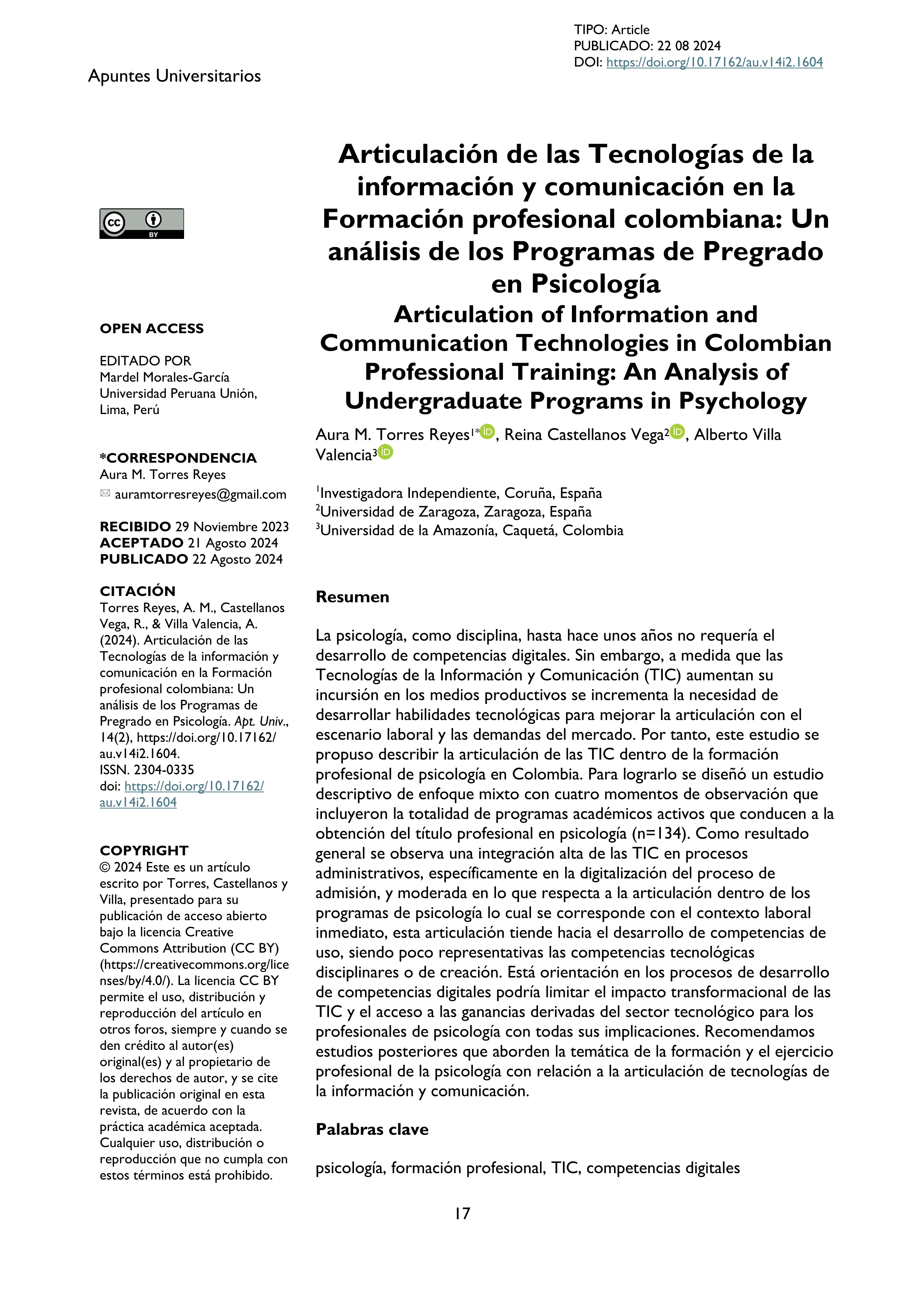 Articulación de las tecnologías de la información y comunicación en la formación profesional colombiana: un análisis de los programas de pregrado en psicología