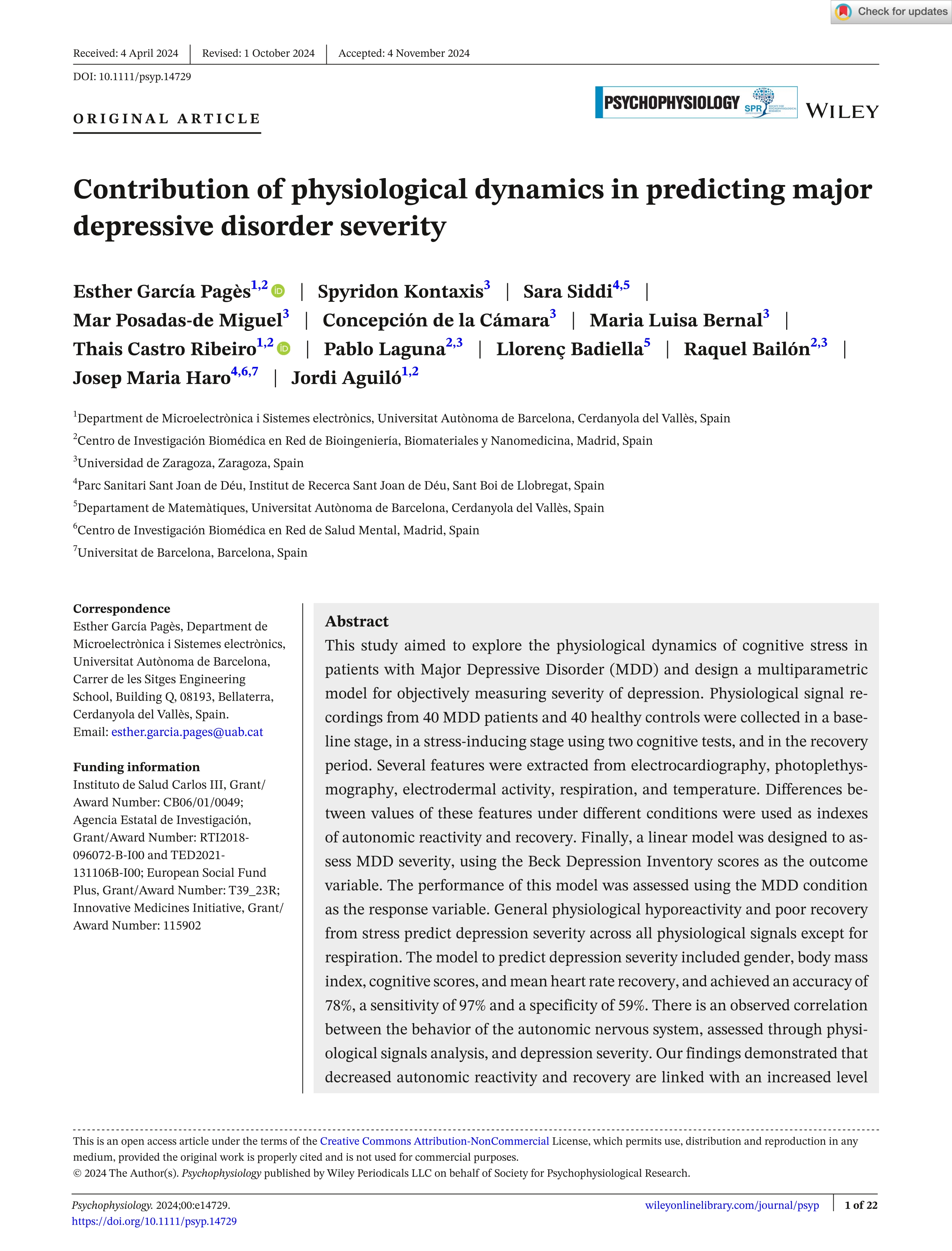 Contribution of physiological dynamics in predicting major depressive disorder severity