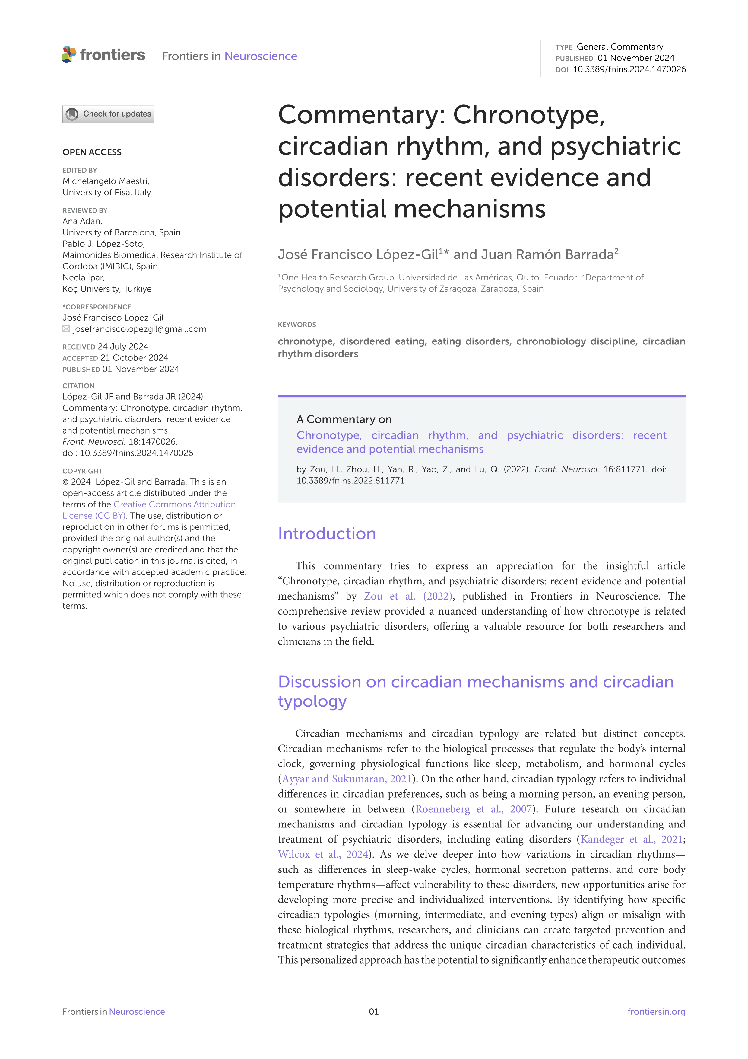 Commentary: Chronotype, circadian rhythm, and psychiatric disorders: recent evidence and potential mechanisms