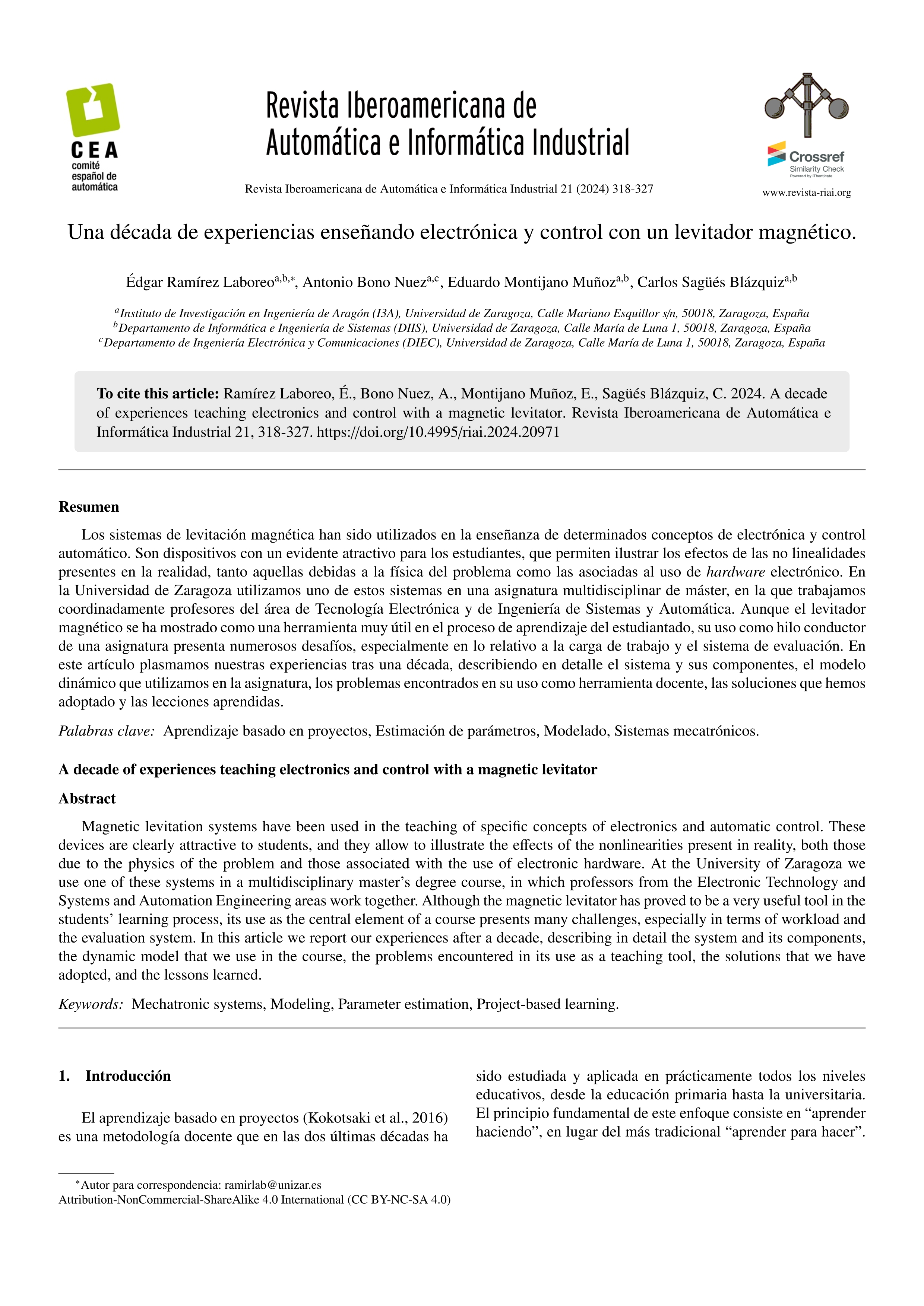 Una década de experiencias enseñando electrónica y control con un levitador magnético
