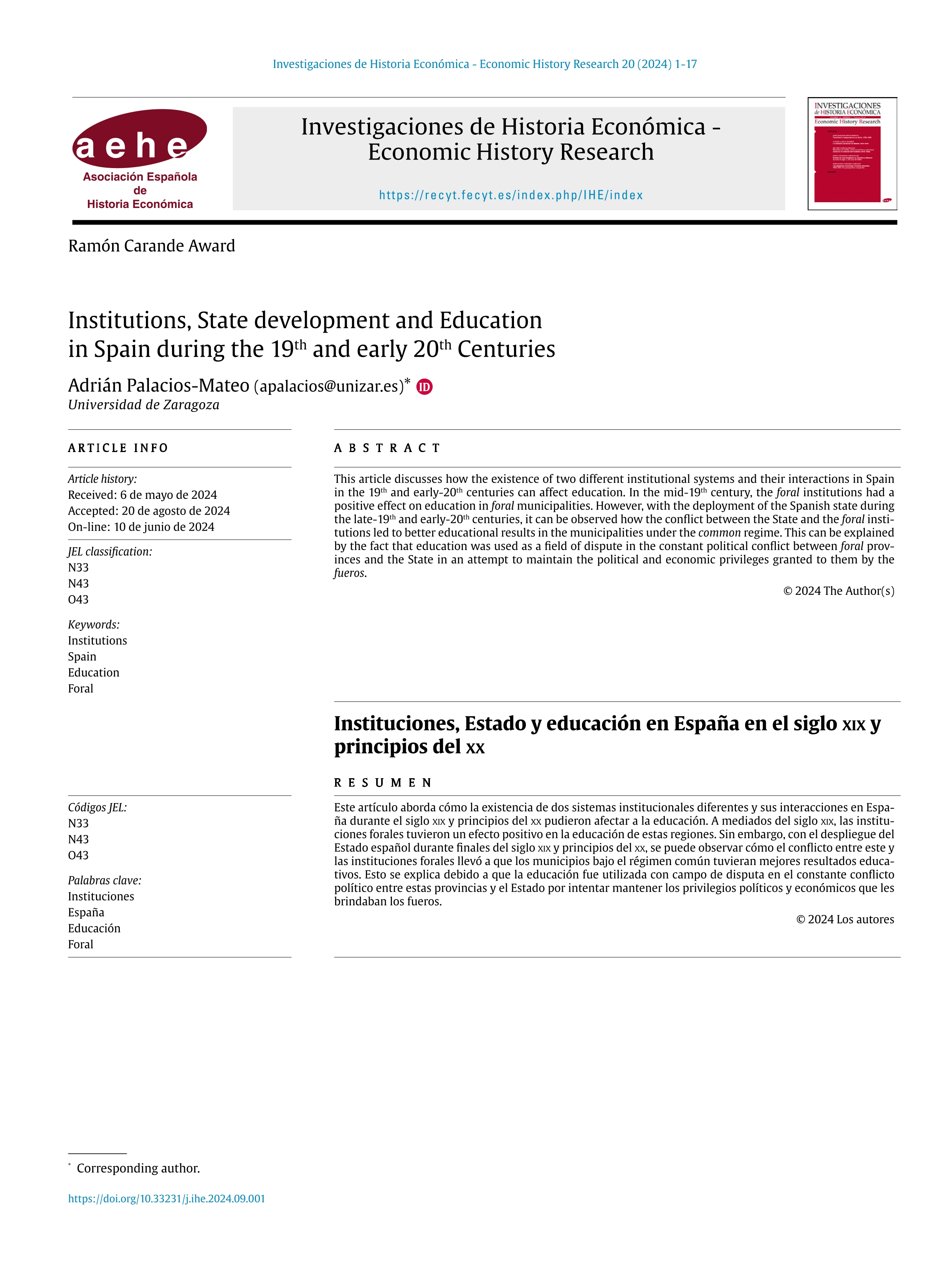 Institutions, State development and Education in Spain during the 19th and early 20th Centuries