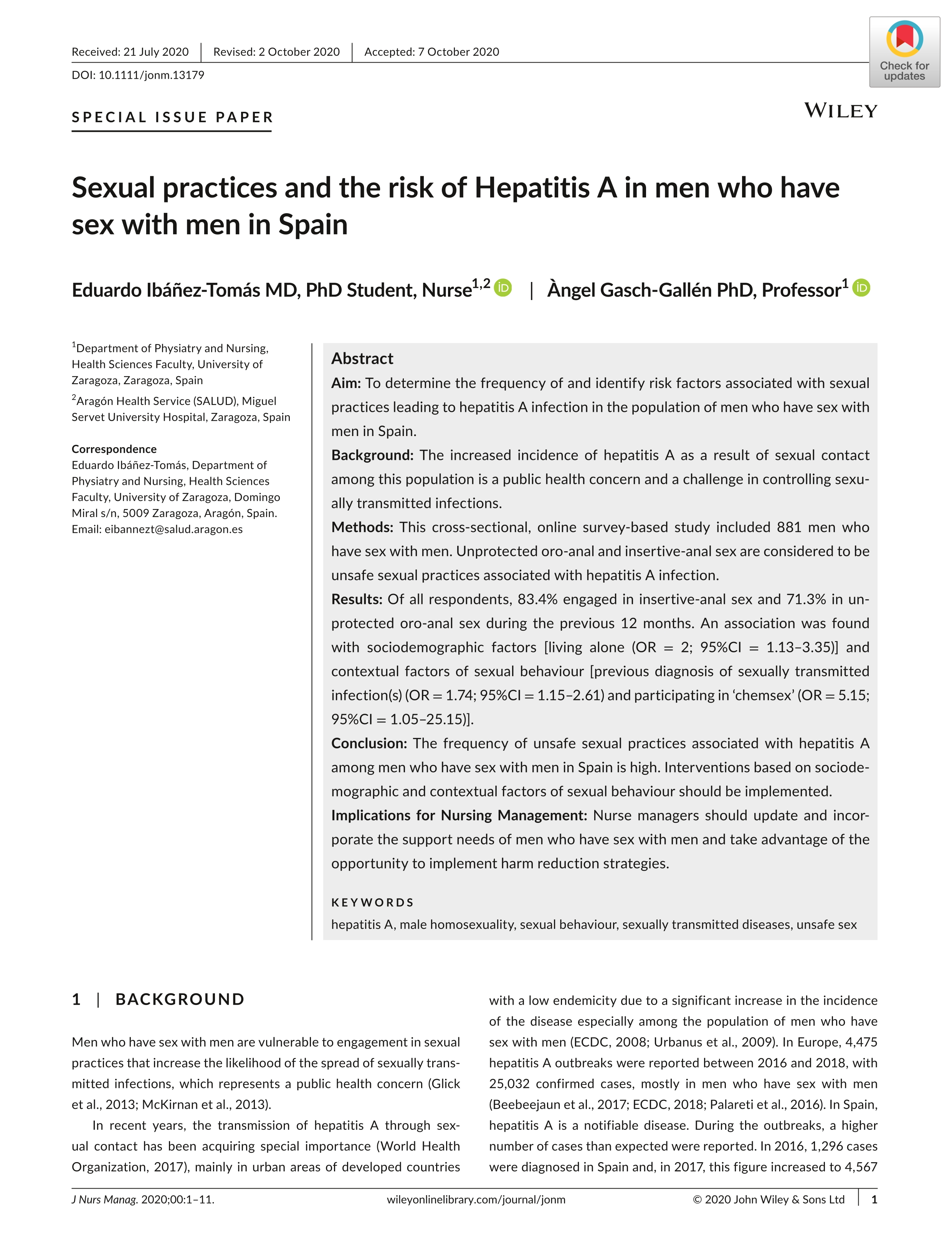 Sexual practices and the risk of Hepatitis A in men who have sex with men in Spain