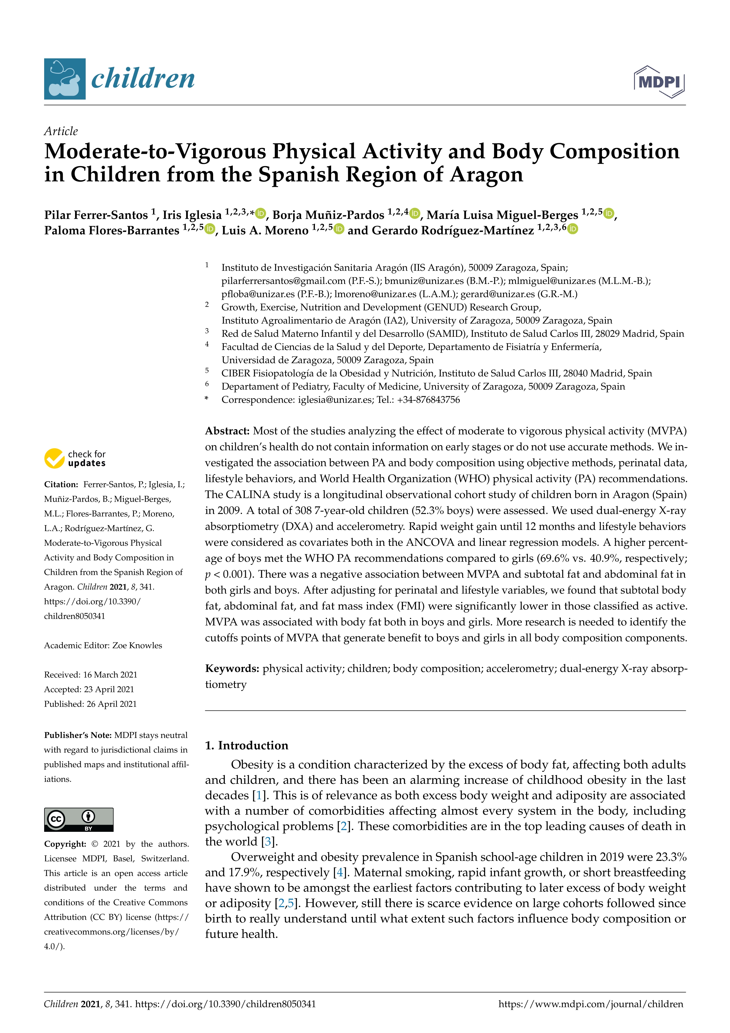 Moderate-to-vigorous physical activity and body composition in children from the spanish region of aragon