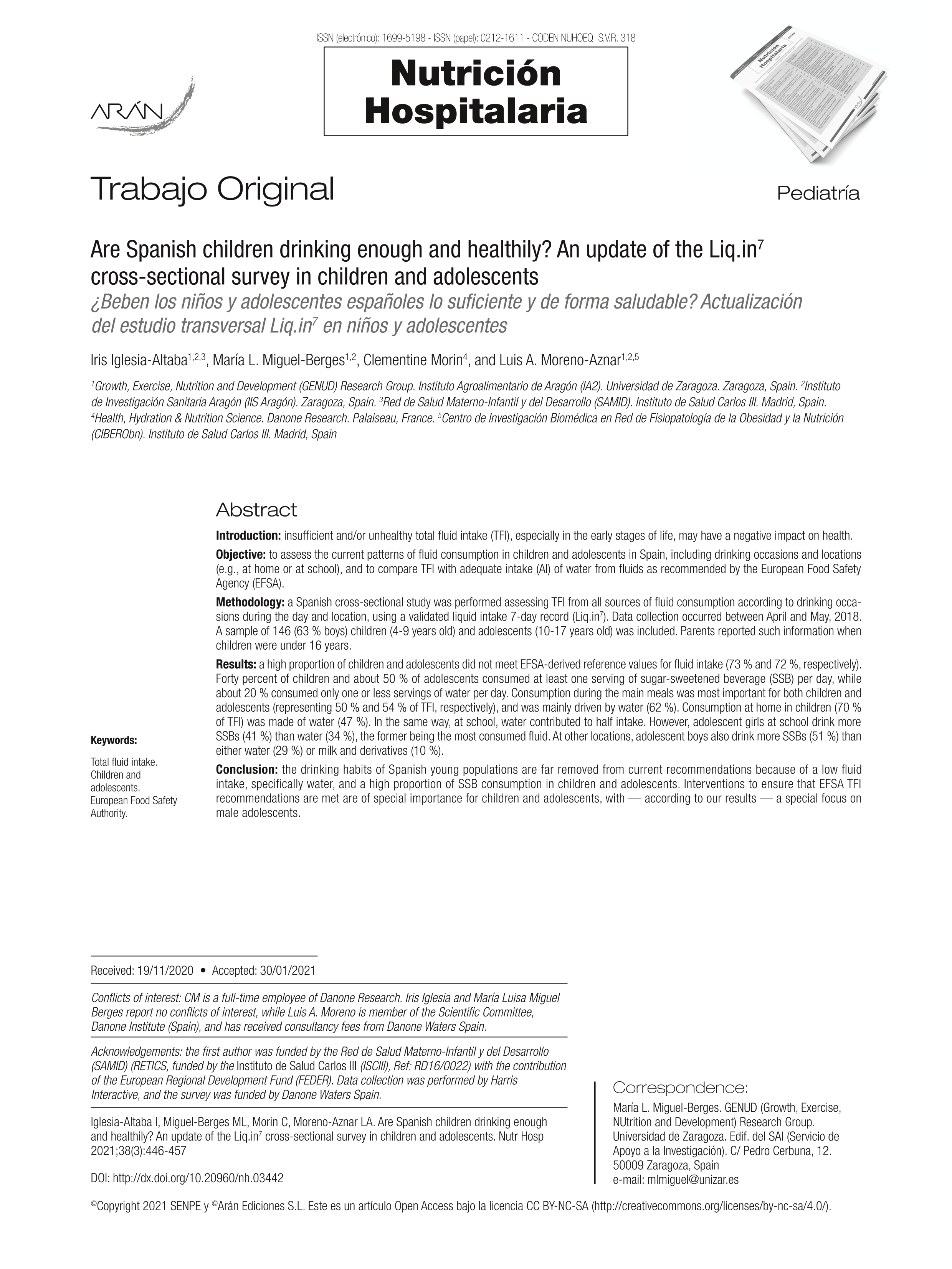 Are spanish children drinking enough and healthily? An update of the liq.in7 cross-sectional survey in children and adolescents [¿Beben los niños y adolescentes españoles lo suficiente y de forma saludable? Actualización del estudio transversal Liq.in7 en niños y adolescentes]