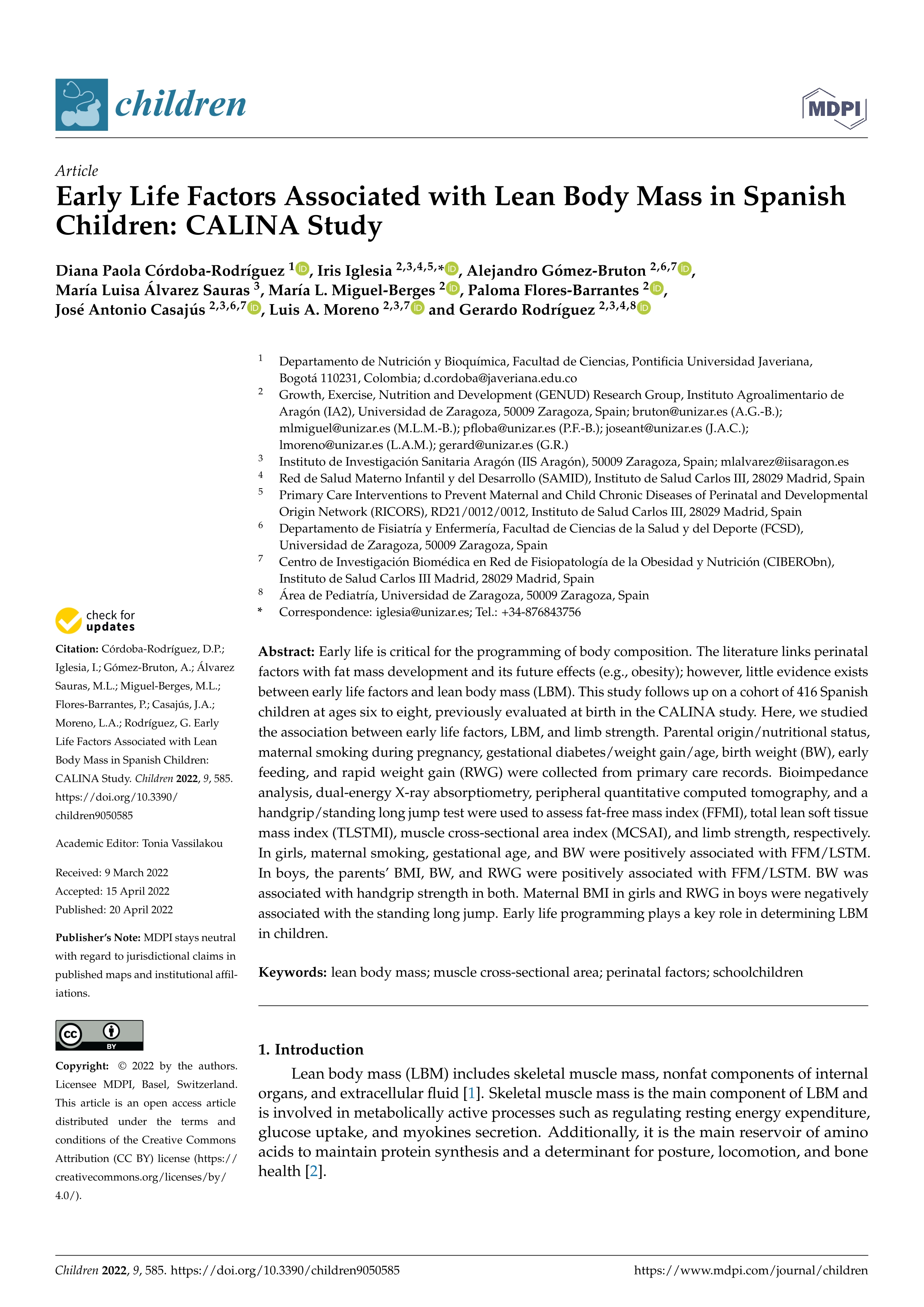 Early Life Factors Associated with Lean Body Mass in Spanish Children: CALINA Study