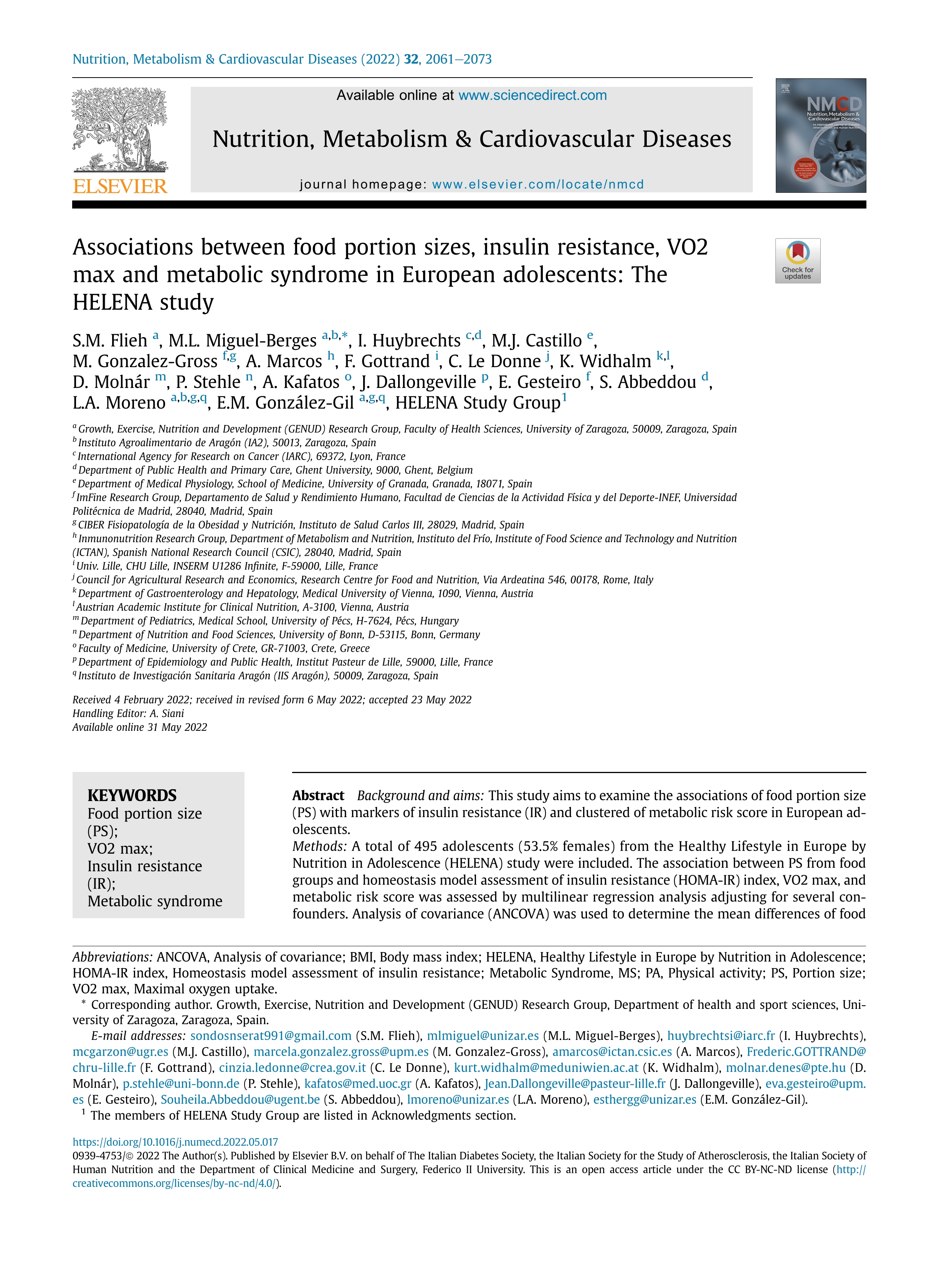 Associations between food portion sizes, insulin resistance, VO2 max and metabolic syndrome in European adolescents: The HELENA study; 35850749