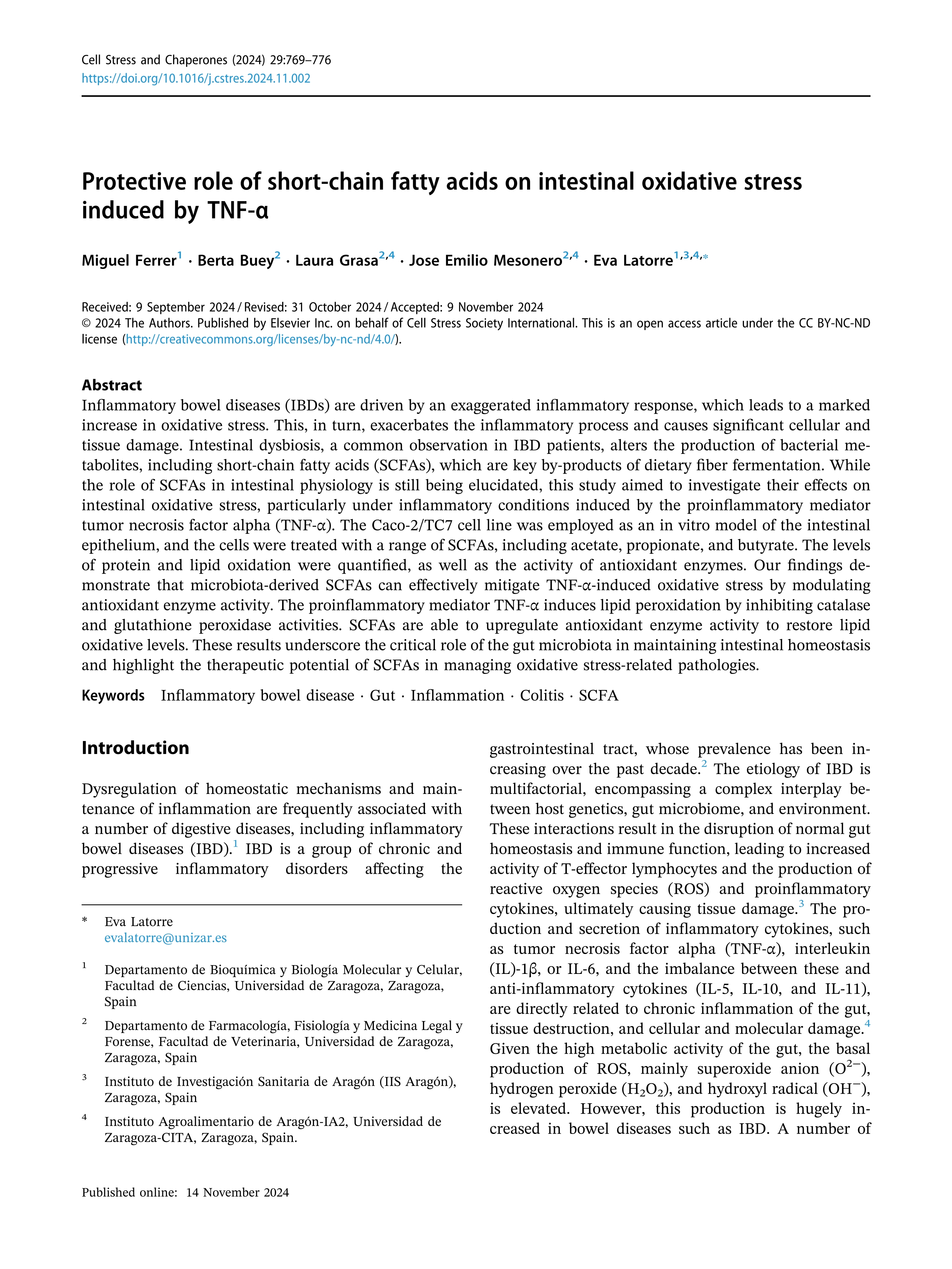 Protective role of short-chain fatty acids on intestinal oxidative stress induced by TNF-a