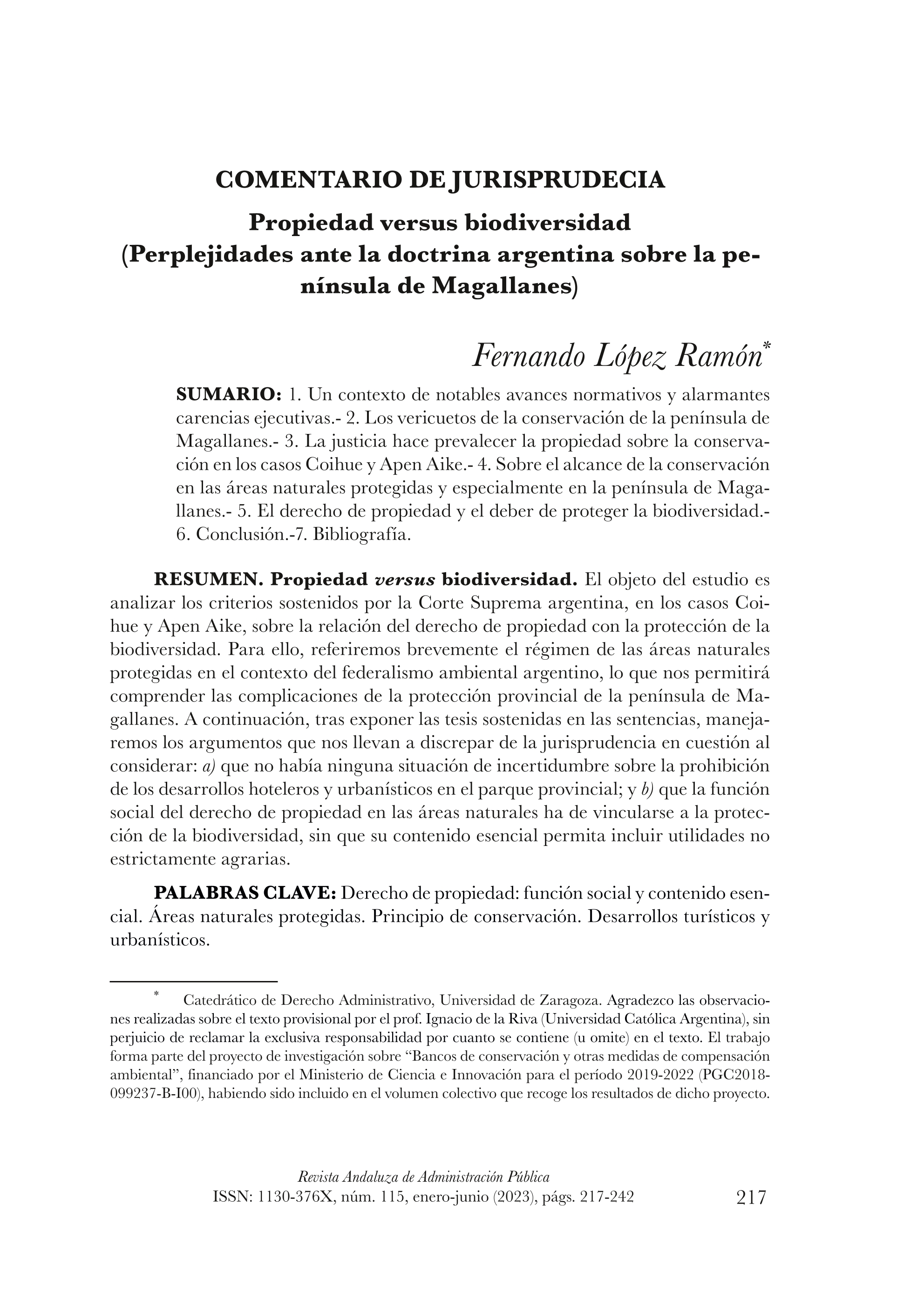 Propiedad versus biodiversidad (Perplejidades ante la doctrina argentina sobre la península de Magallanes)