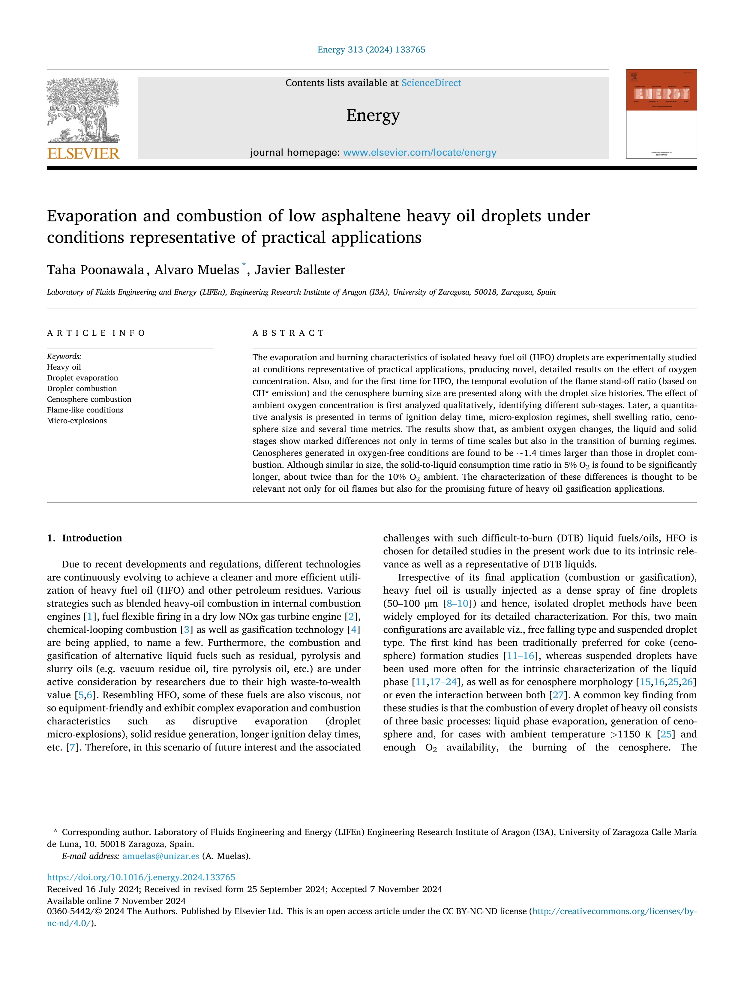 Evaporation and combustion of low asphaltene heavy oil droplets under conditions representative of practical applications